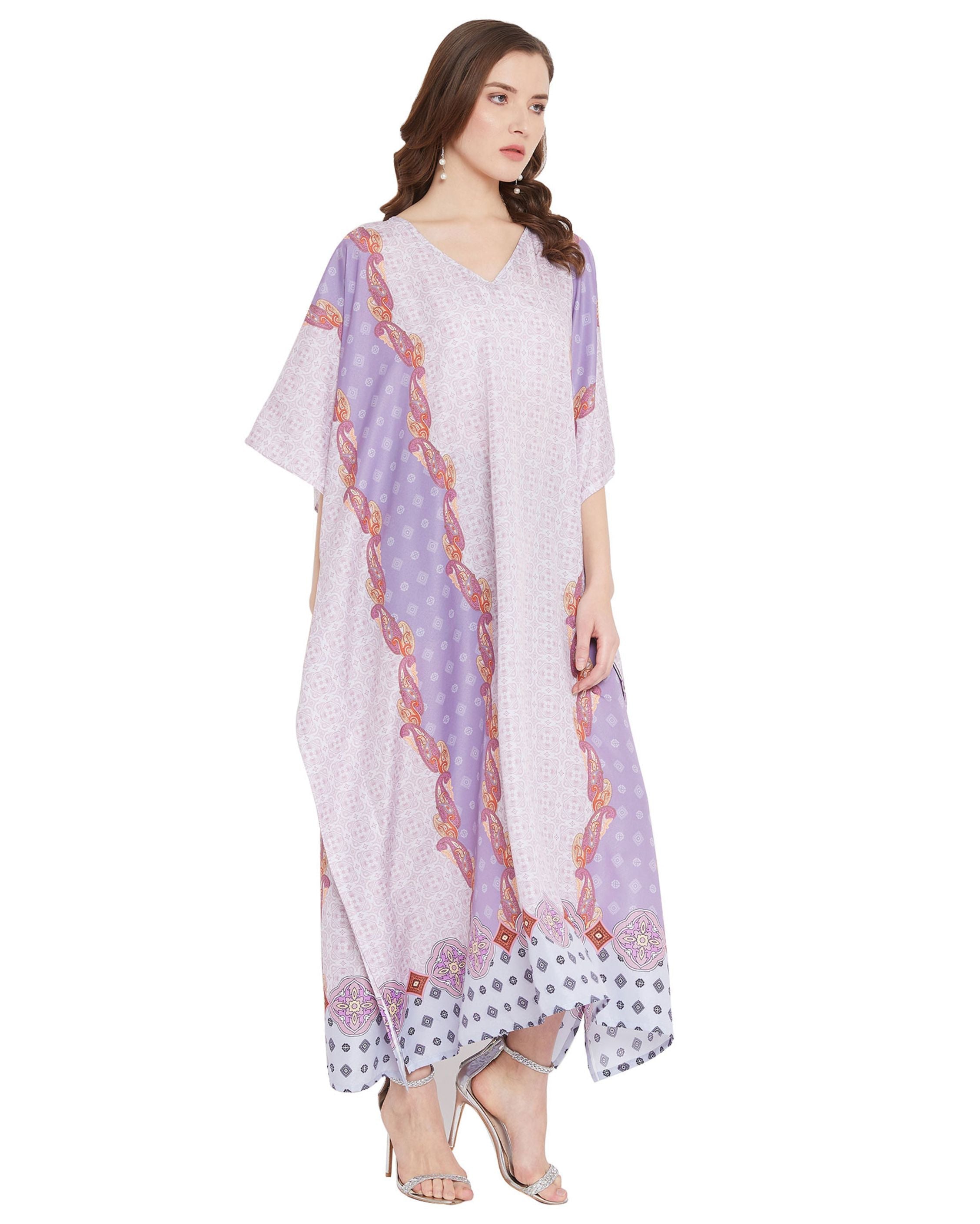 Paisley Printed Purple Polyester Plus Size Kaftan For Women