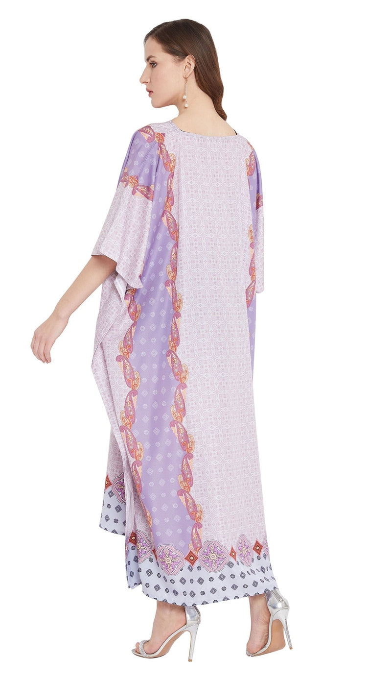 Lilac boho stripe border print polyester plus size kaftan with V-neck and kimono sleeves — alternate view