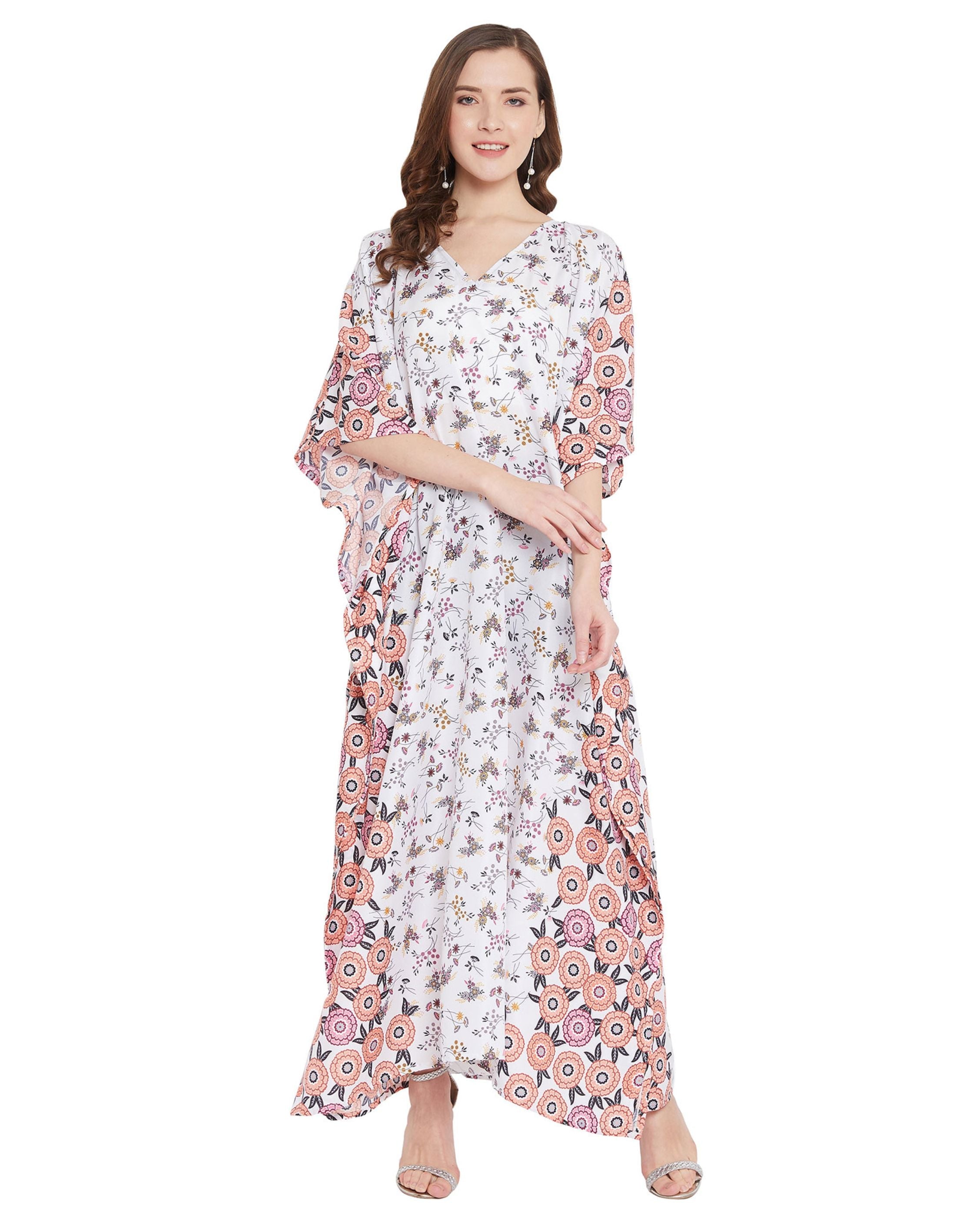 Floral Printed White Polyester Kaftan Plus Size Dress For Women