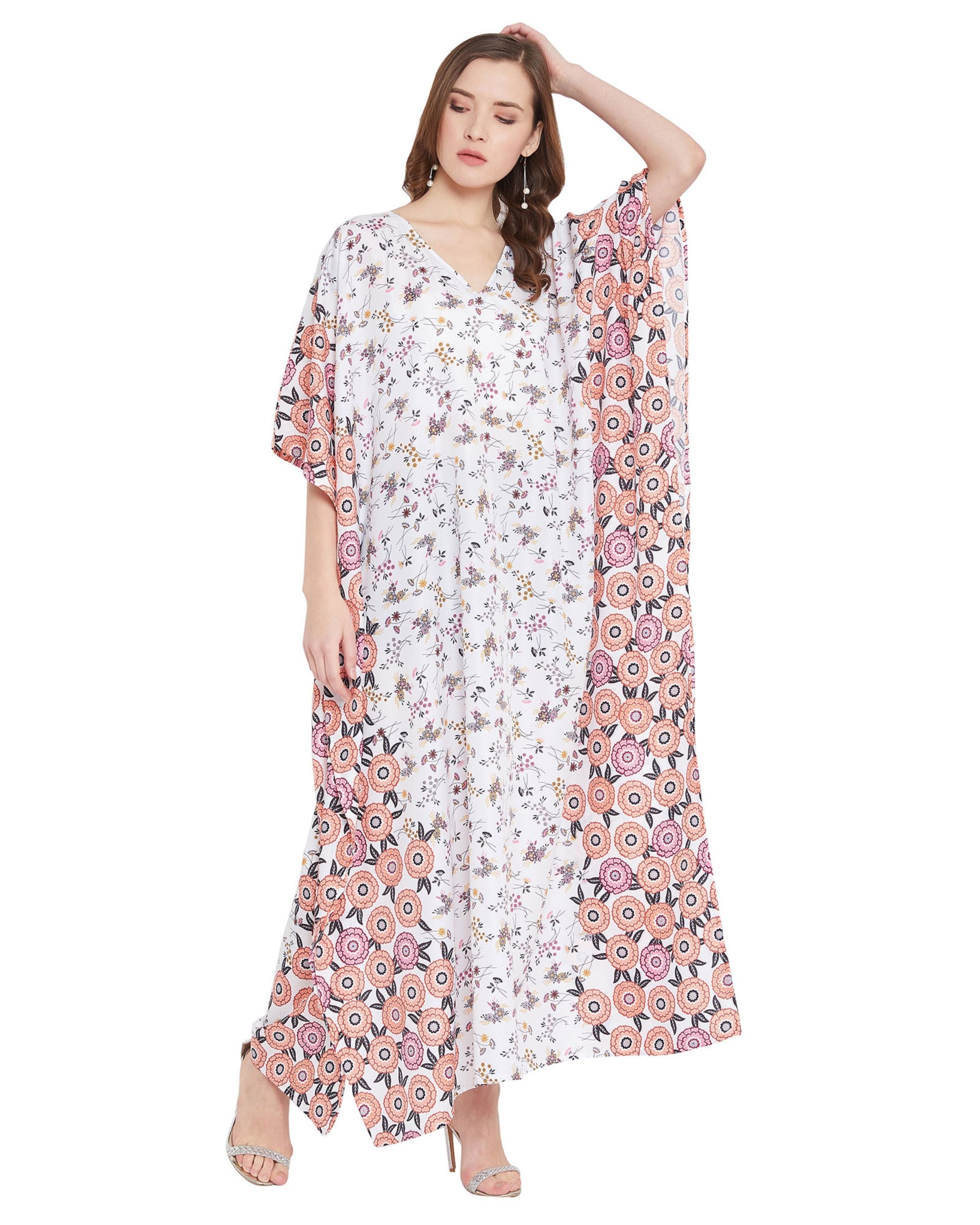 Floral Printed White Polyester Kaftan Plus Size Dress For Women