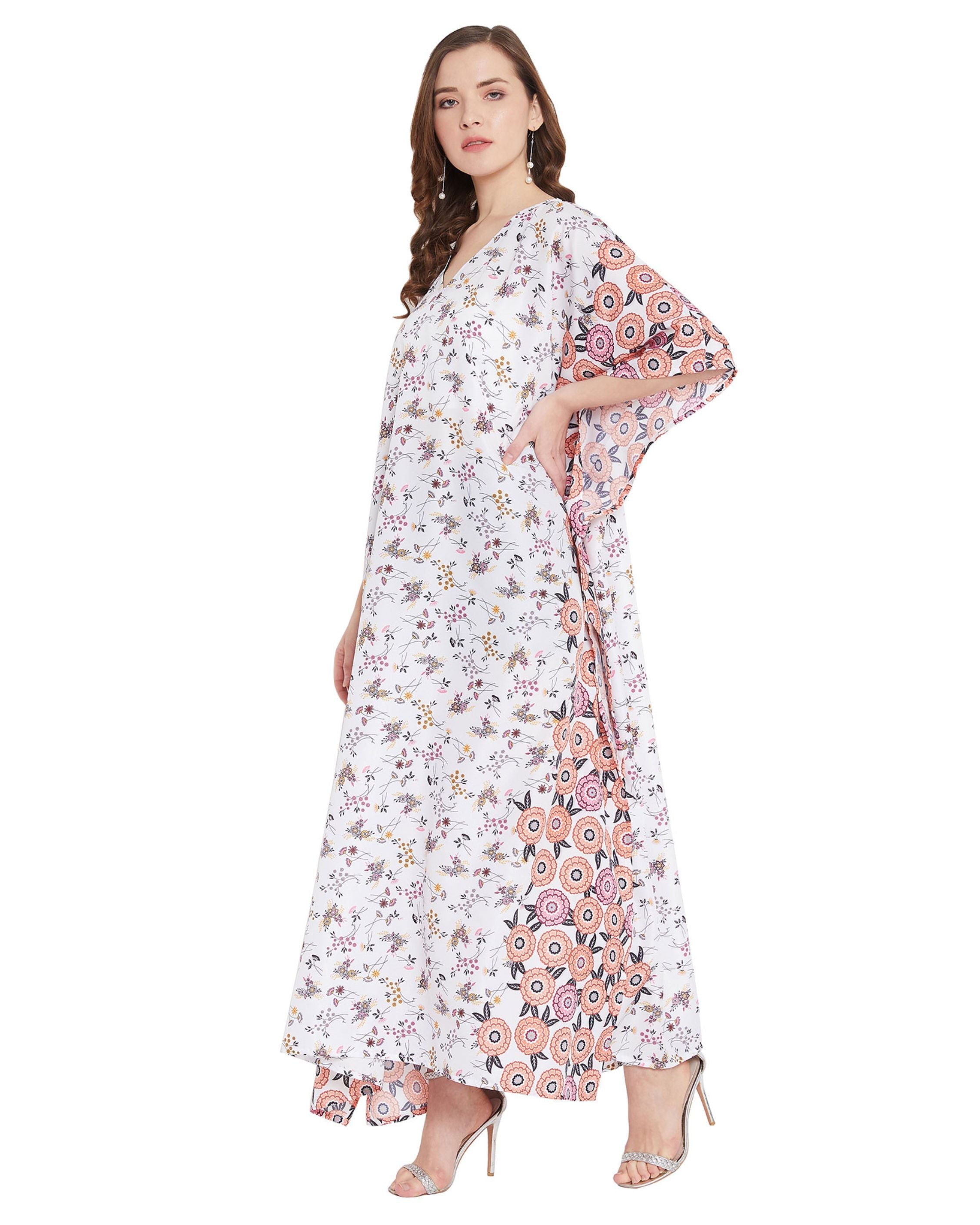 Floral Printed White Polyester Kaftan Plus Size Dress For Women