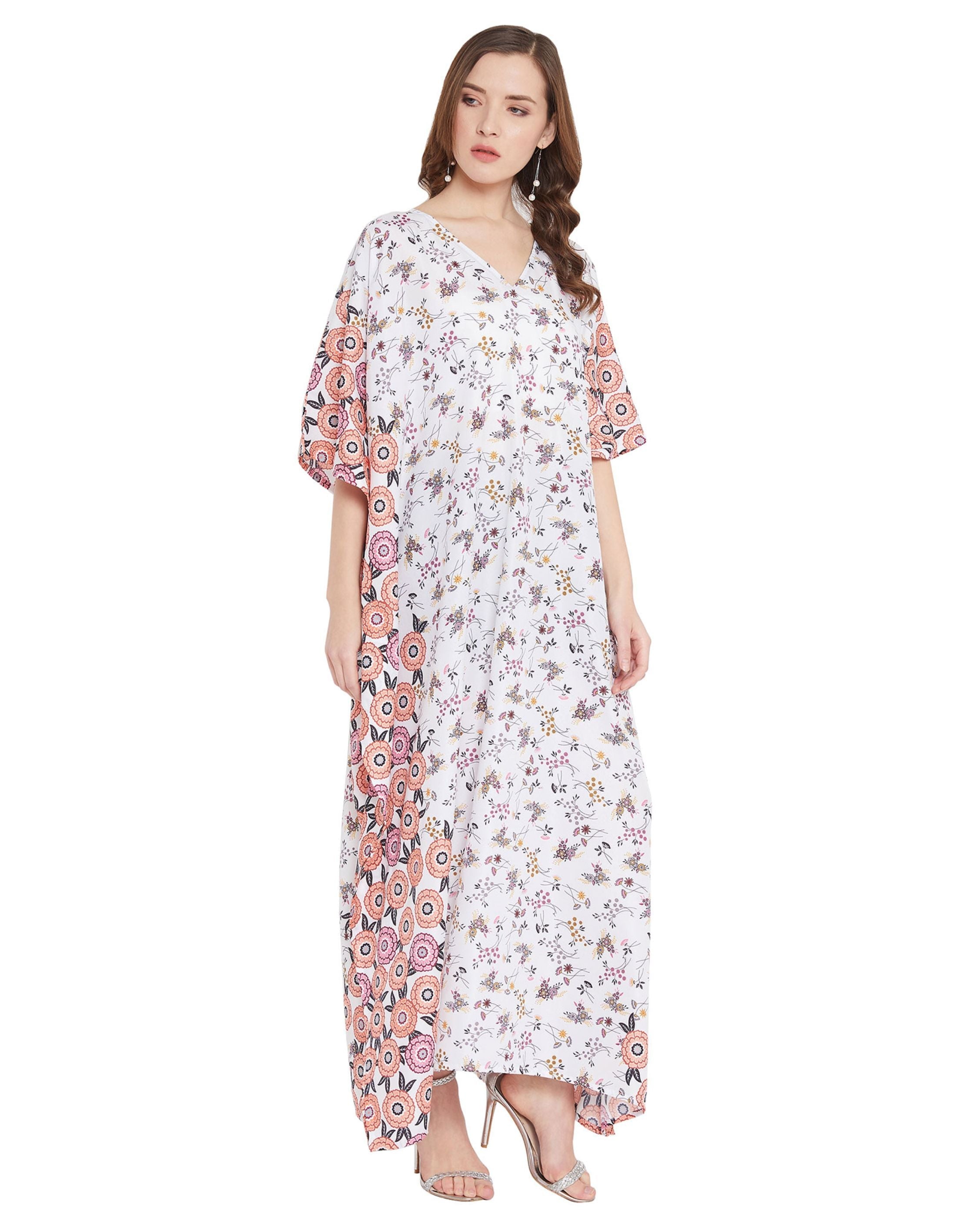 Floral Printed White Polyester Kaftan Plus Size Dress For Women