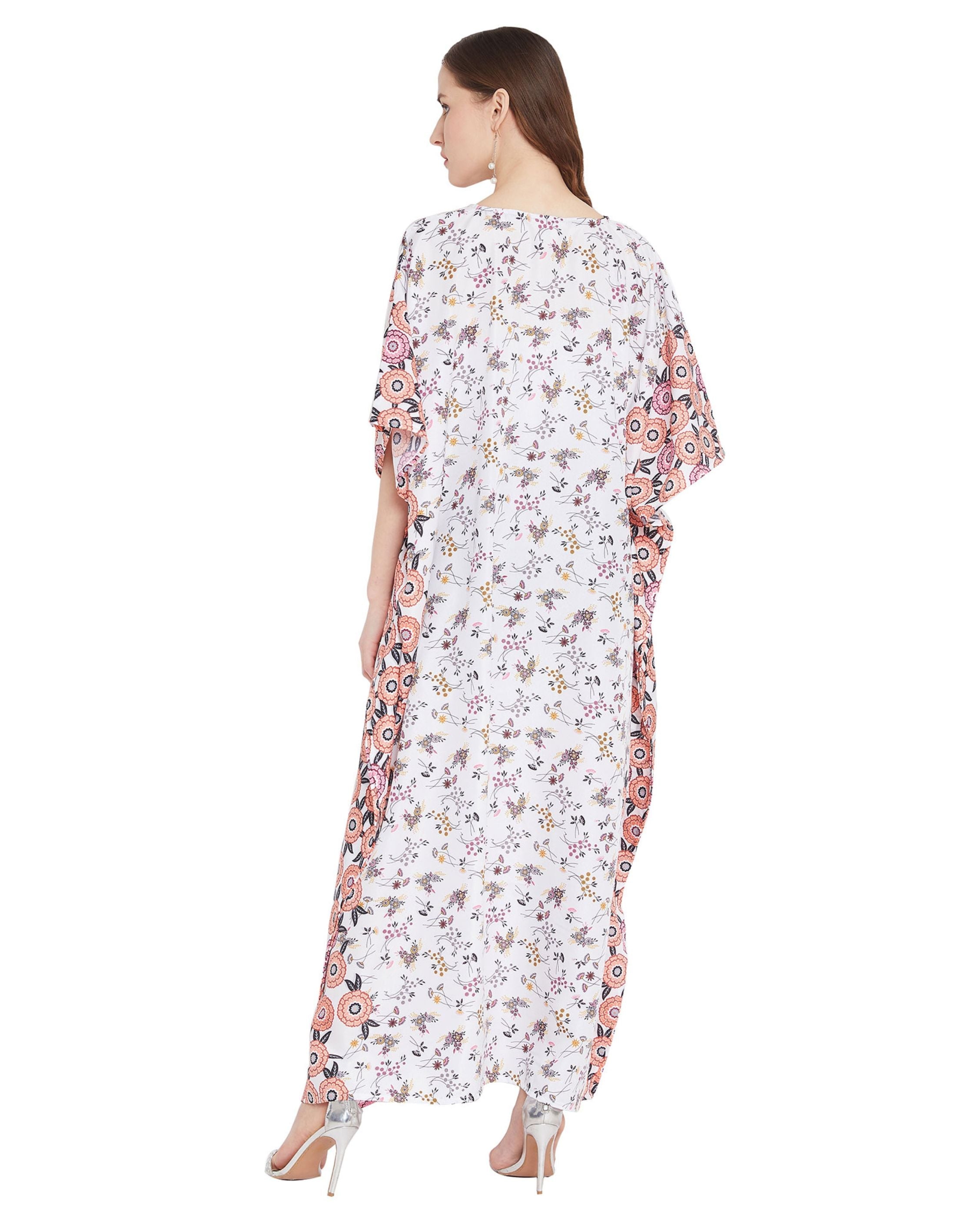 Floral Printed White Polyester Kaftan Plus Size Dress For Women