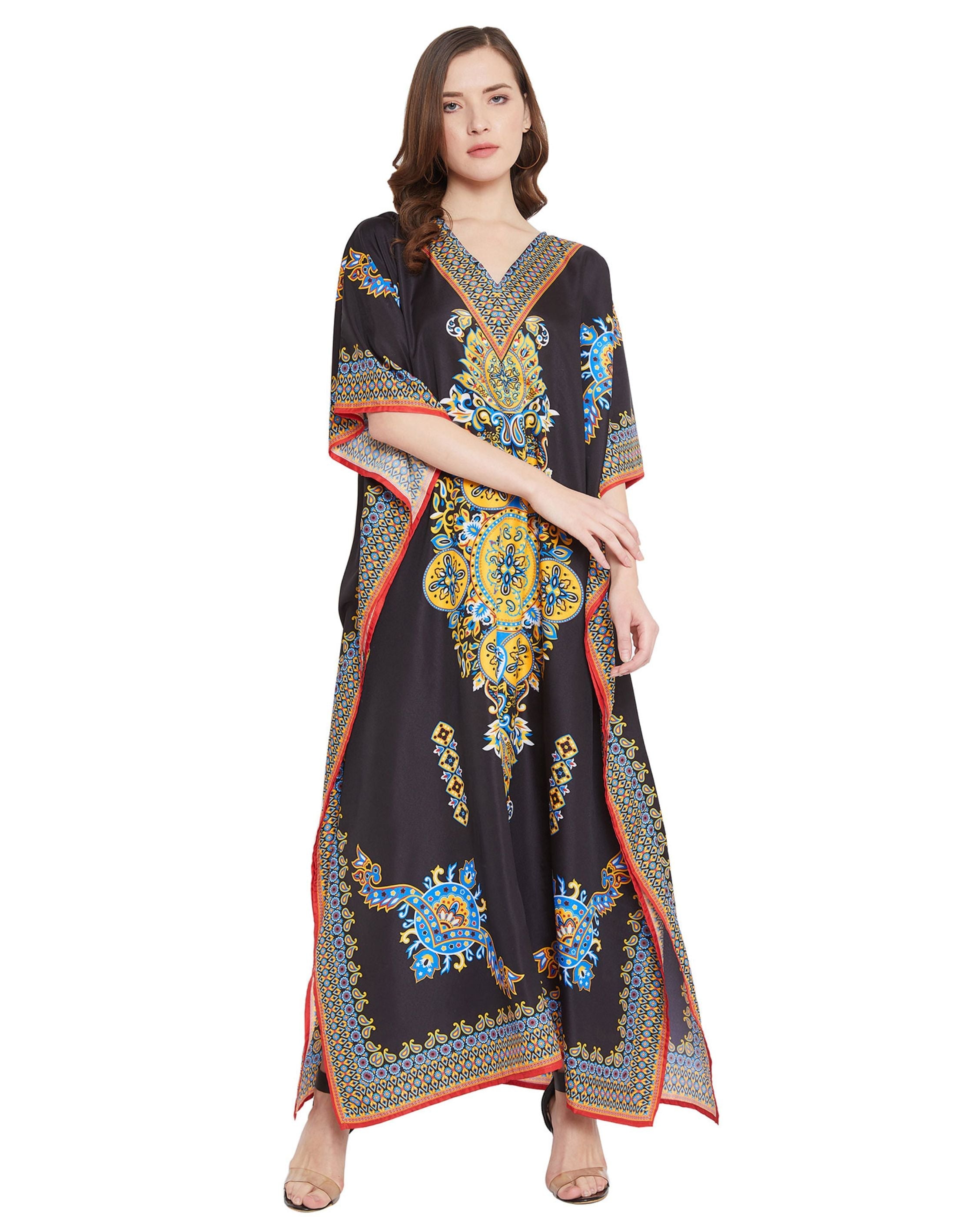 Paisley Printed Black Polyester Plus Size Kaftan Dress For Women