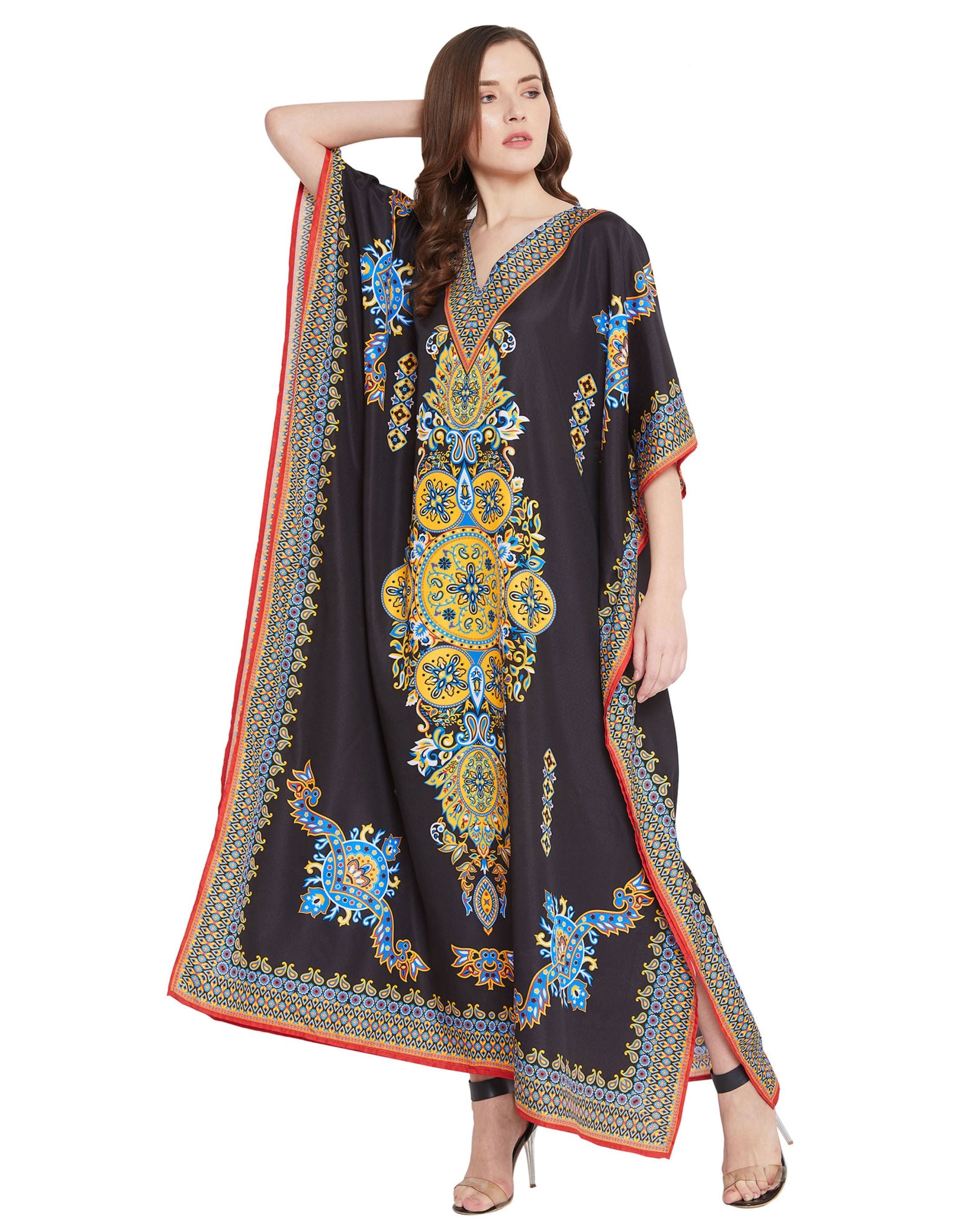 Paisley Printed Black Polyester Plus Size Kaftan Dress For Women