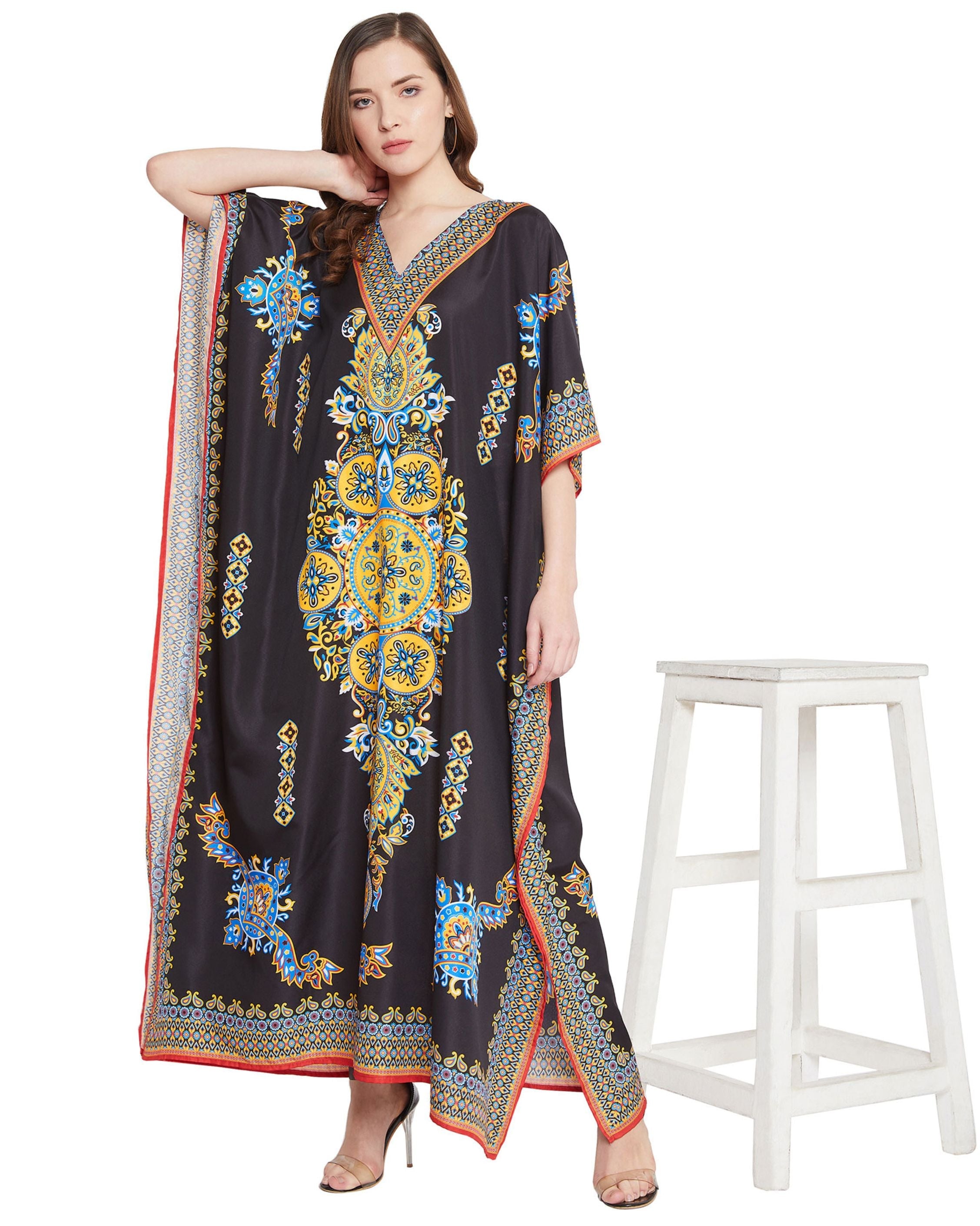 Paisley Printed Black Polyester Plus Size Kaftan Dress For Women