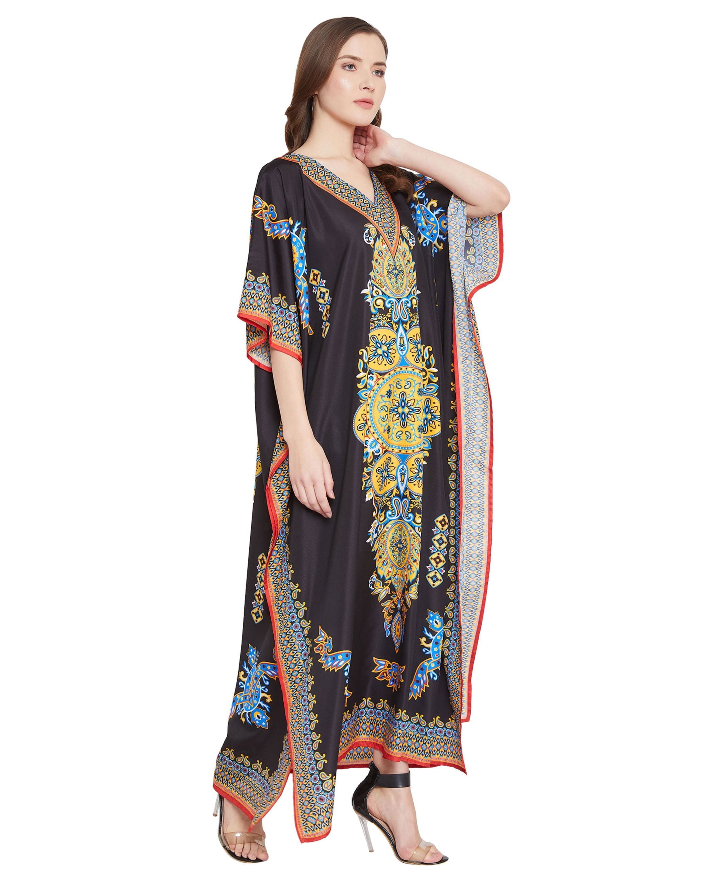 Paisley Printed Black Polyester Plus Size Kaftan Dress For Women