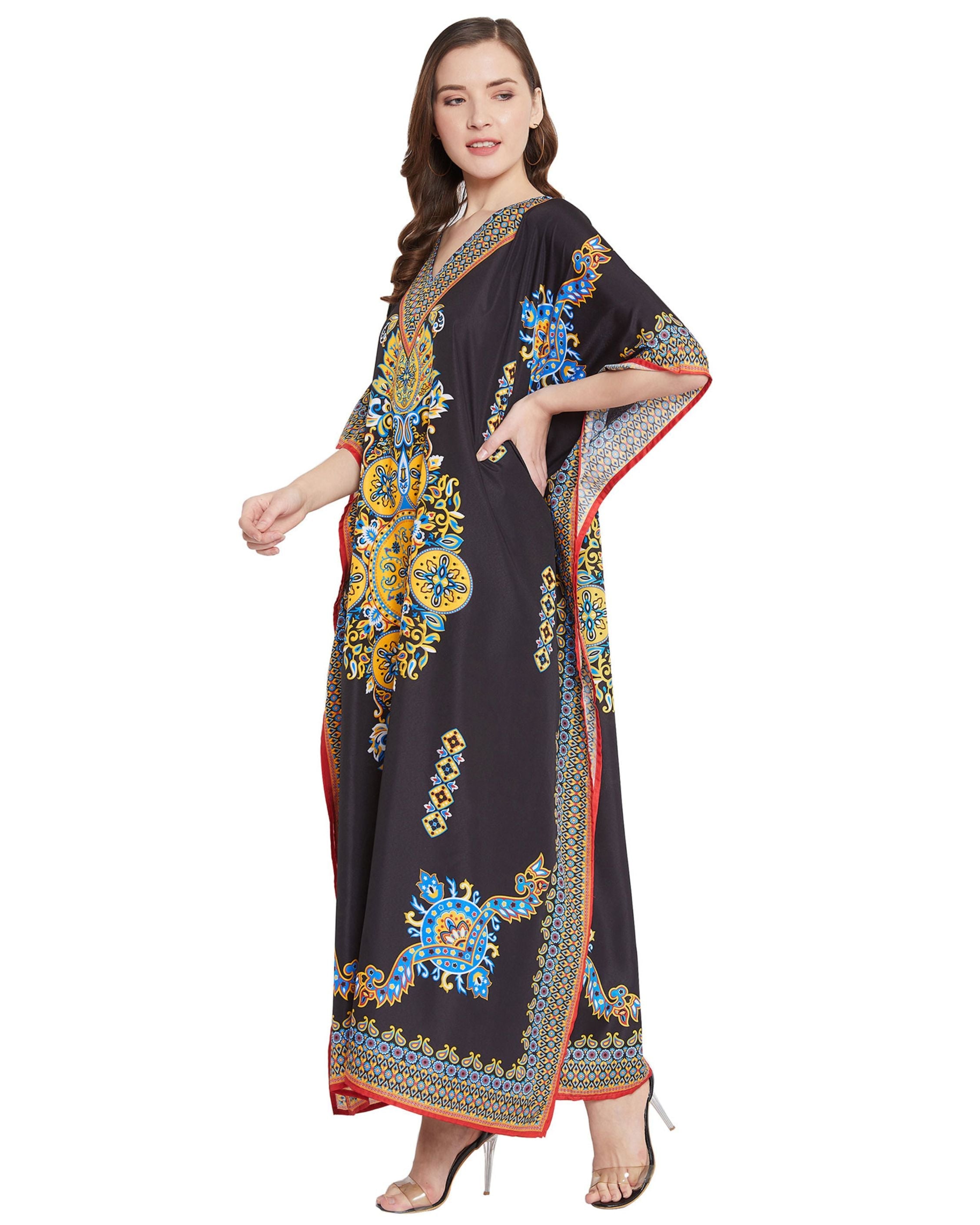 Paisley Printed Black Polyester Plus Size Kaftan Dress For Women