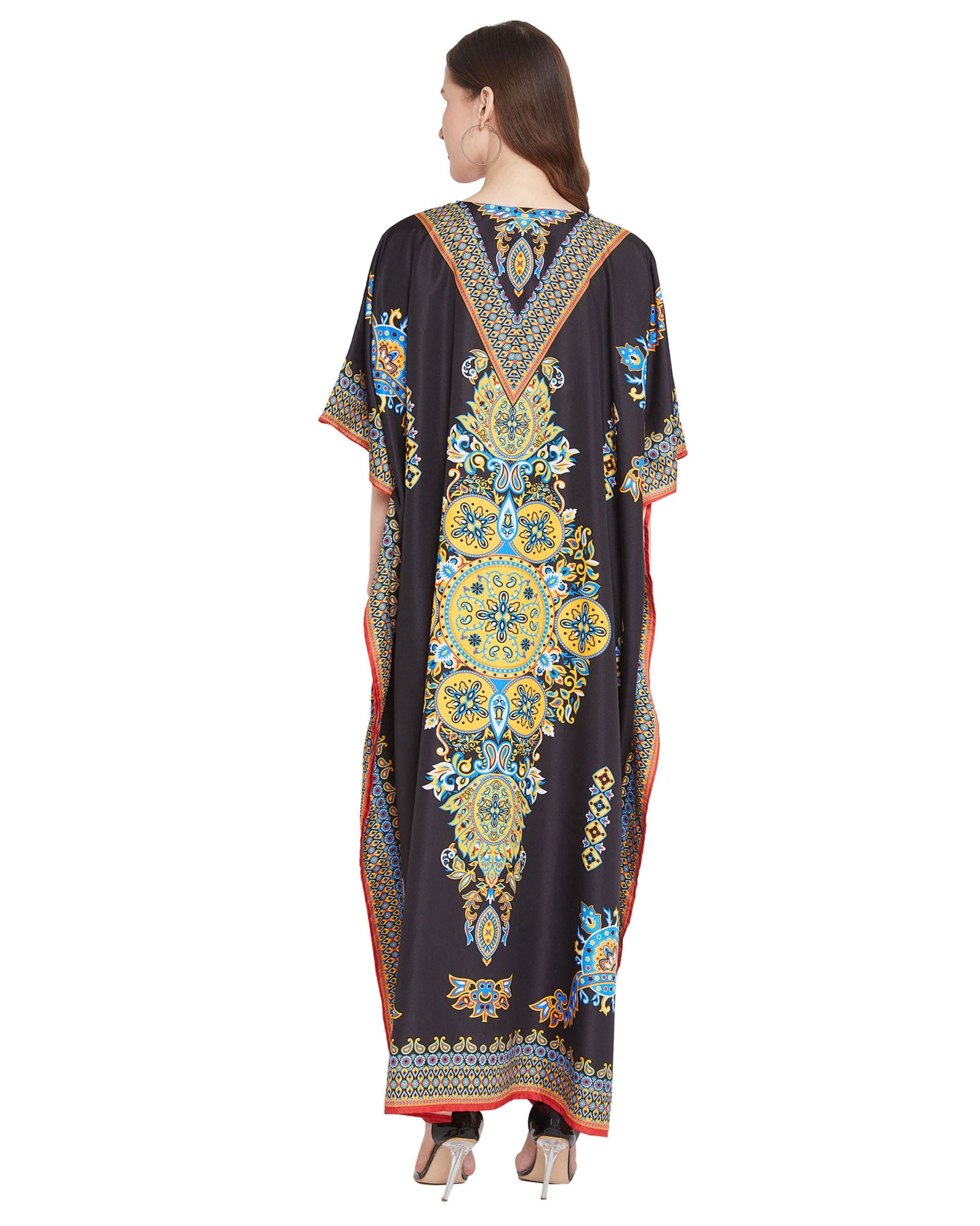 Paisley Printed Black Polyester Plus Size Kaftan Dress For Women