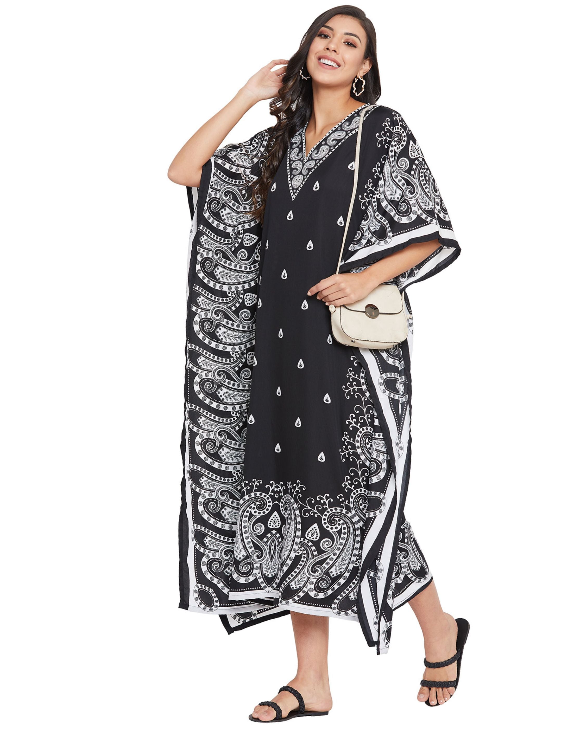 Paisley Printed Black Polyester Plus Size Kaftan Dress For Women