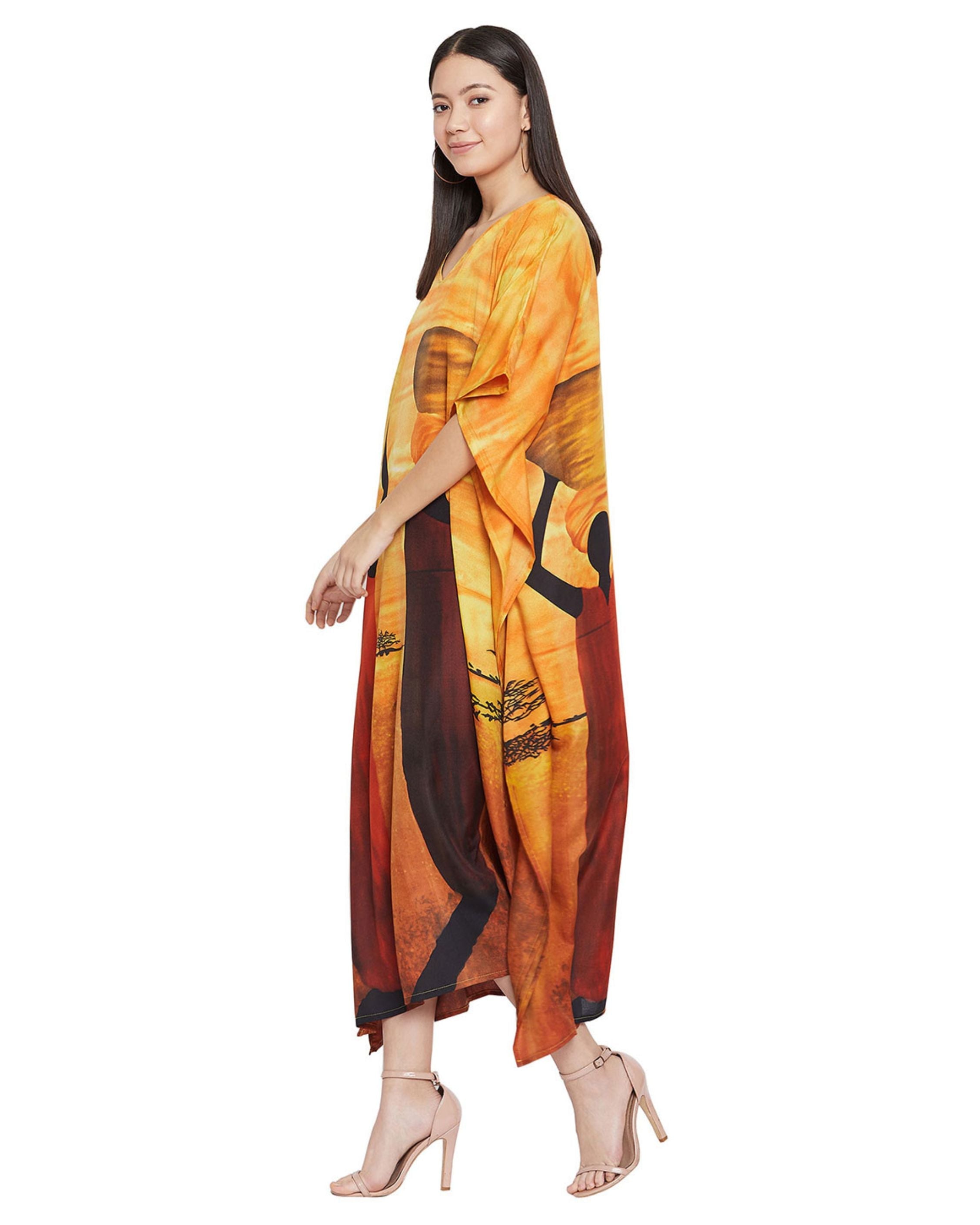 Tribal Printed Yellow Polyester Kaftan Dress for Women