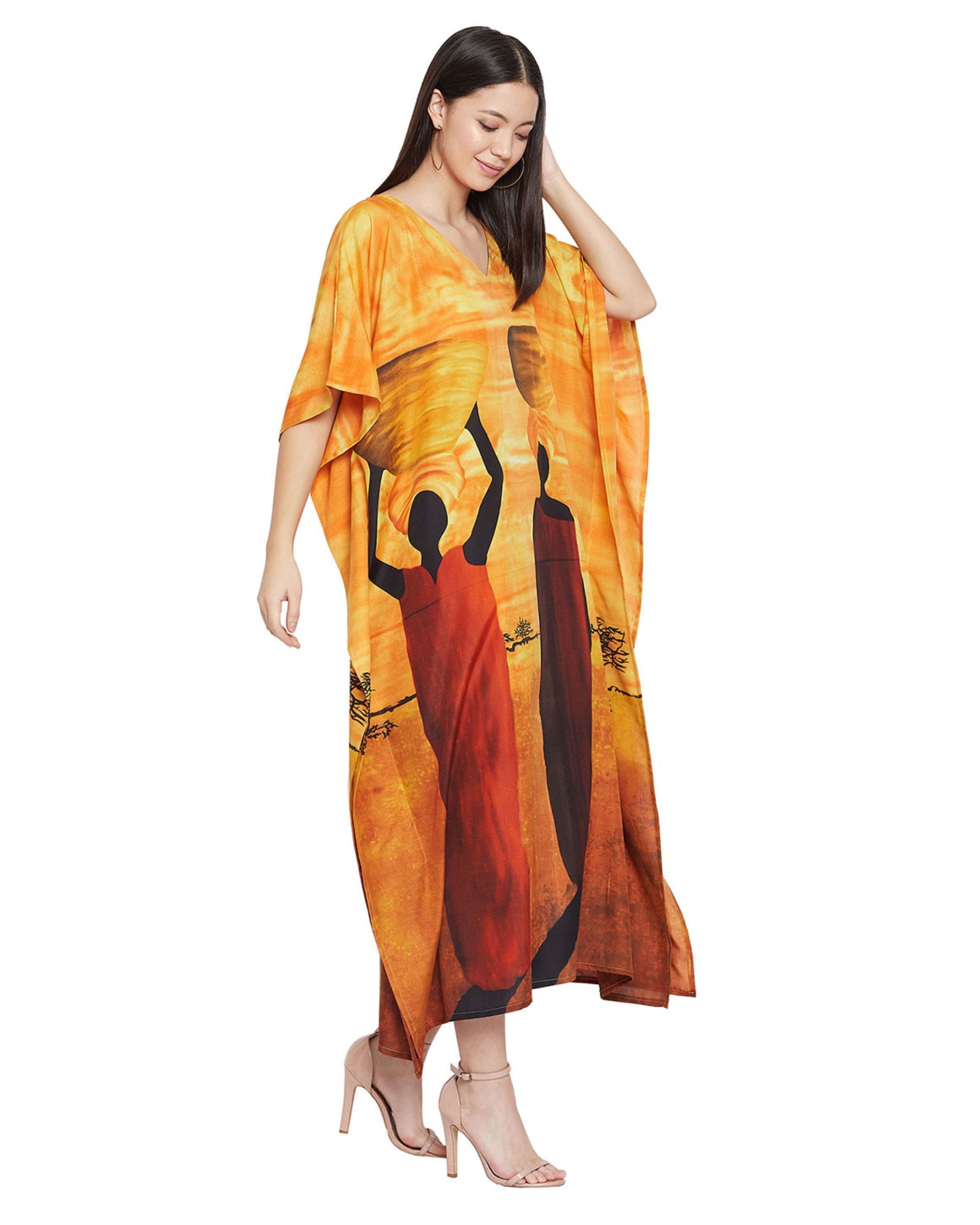 Printed Tribal Yellow Polyester Kaftan For Plus Size Women