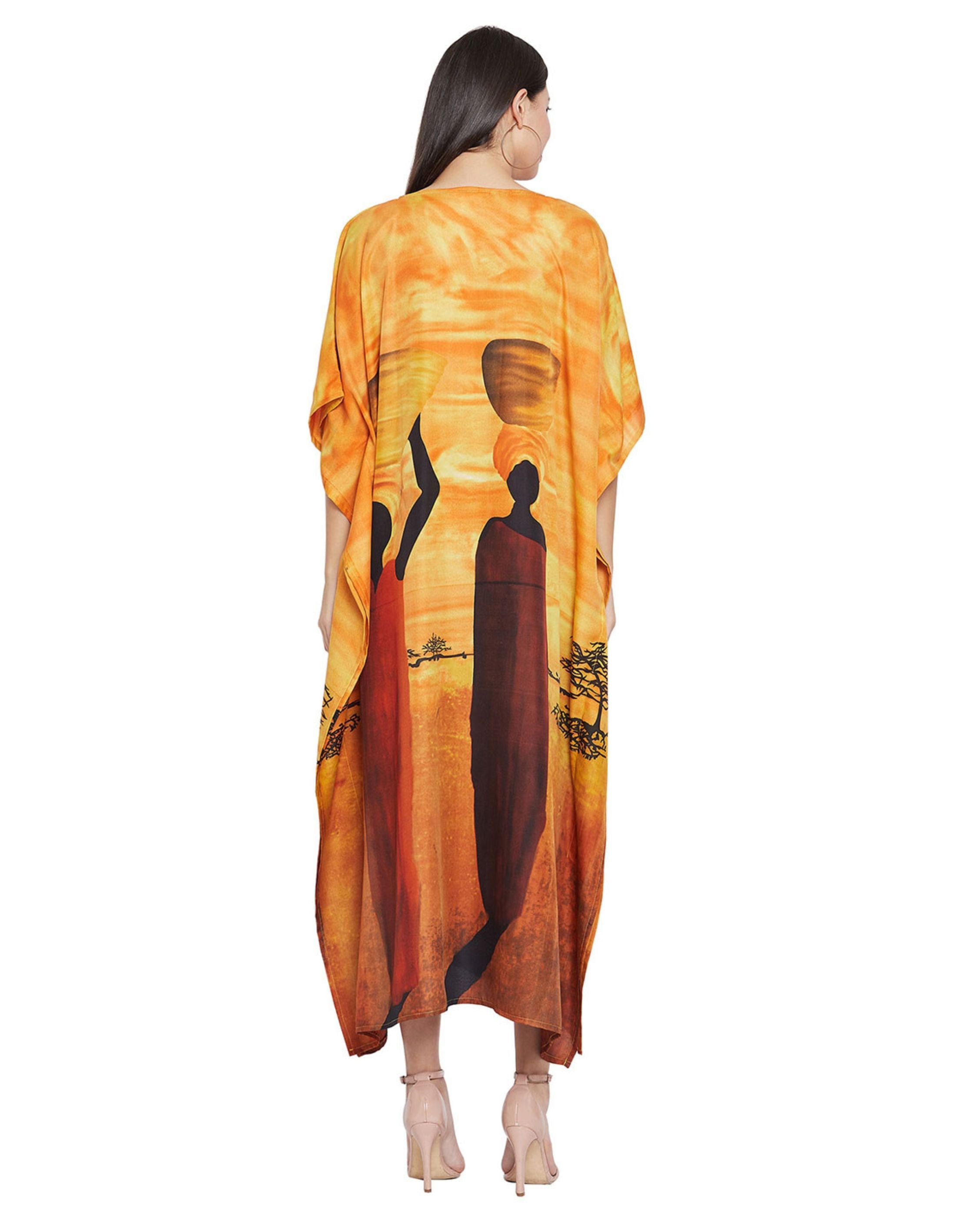 Printed Tribal Yellow Polyester Kaftan For Plus Size Women