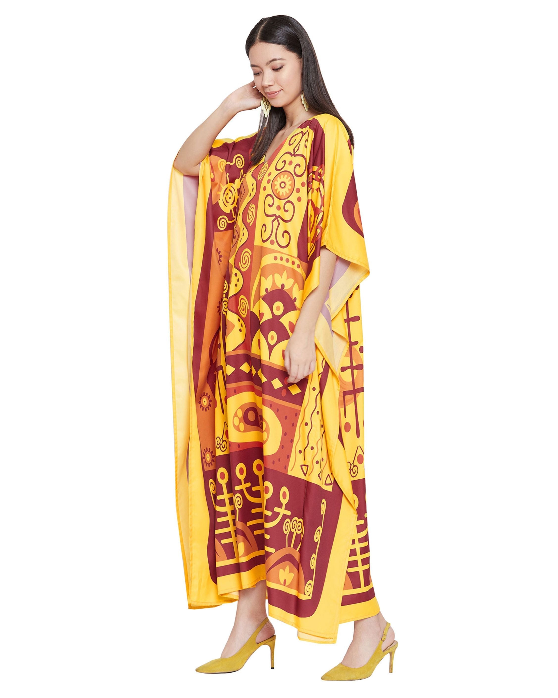 Women Plus Size Dress Tribal Printed Yellow Polyester Kaftan