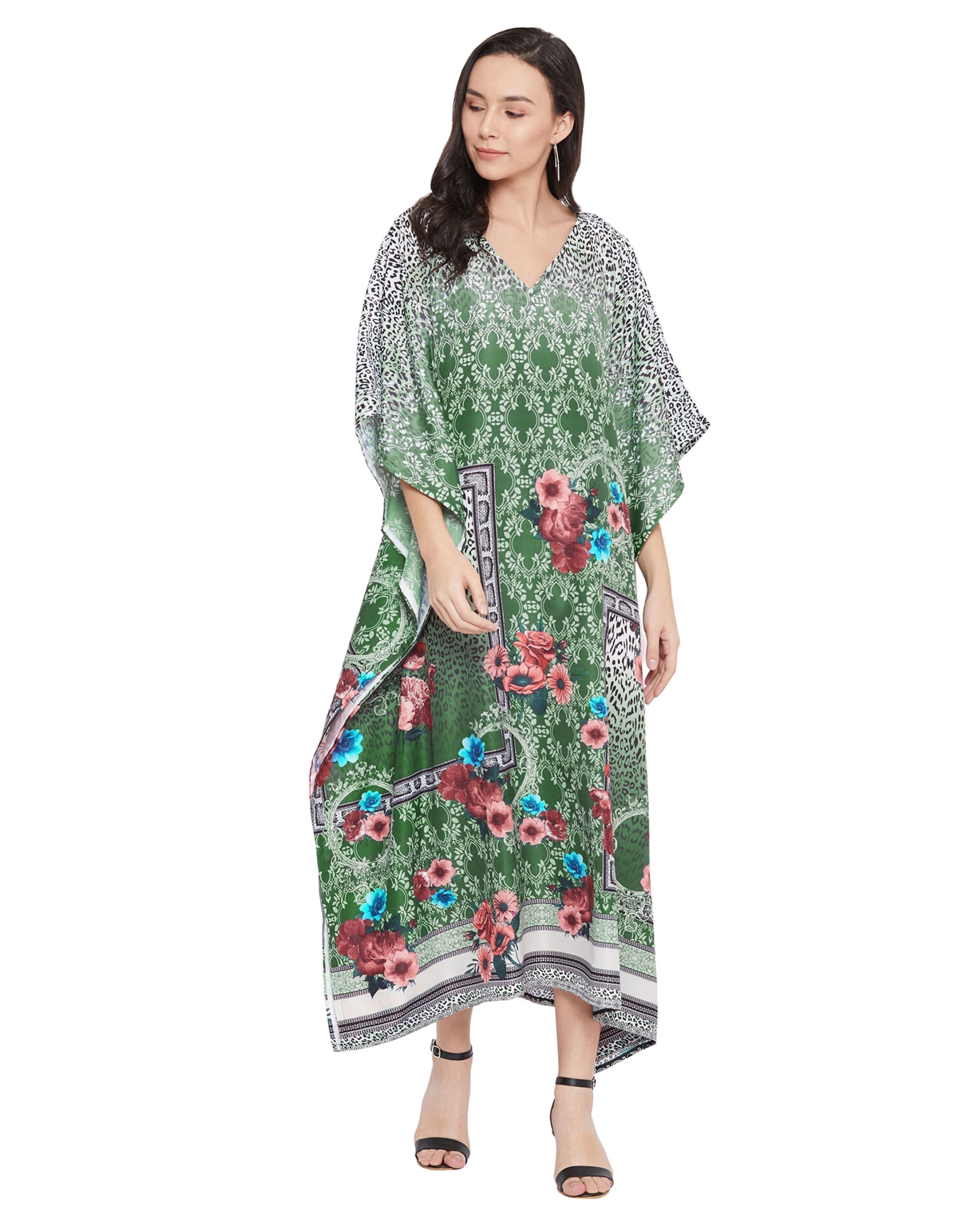 Tribal Printed Green Polyester Kaftan Dress for Women