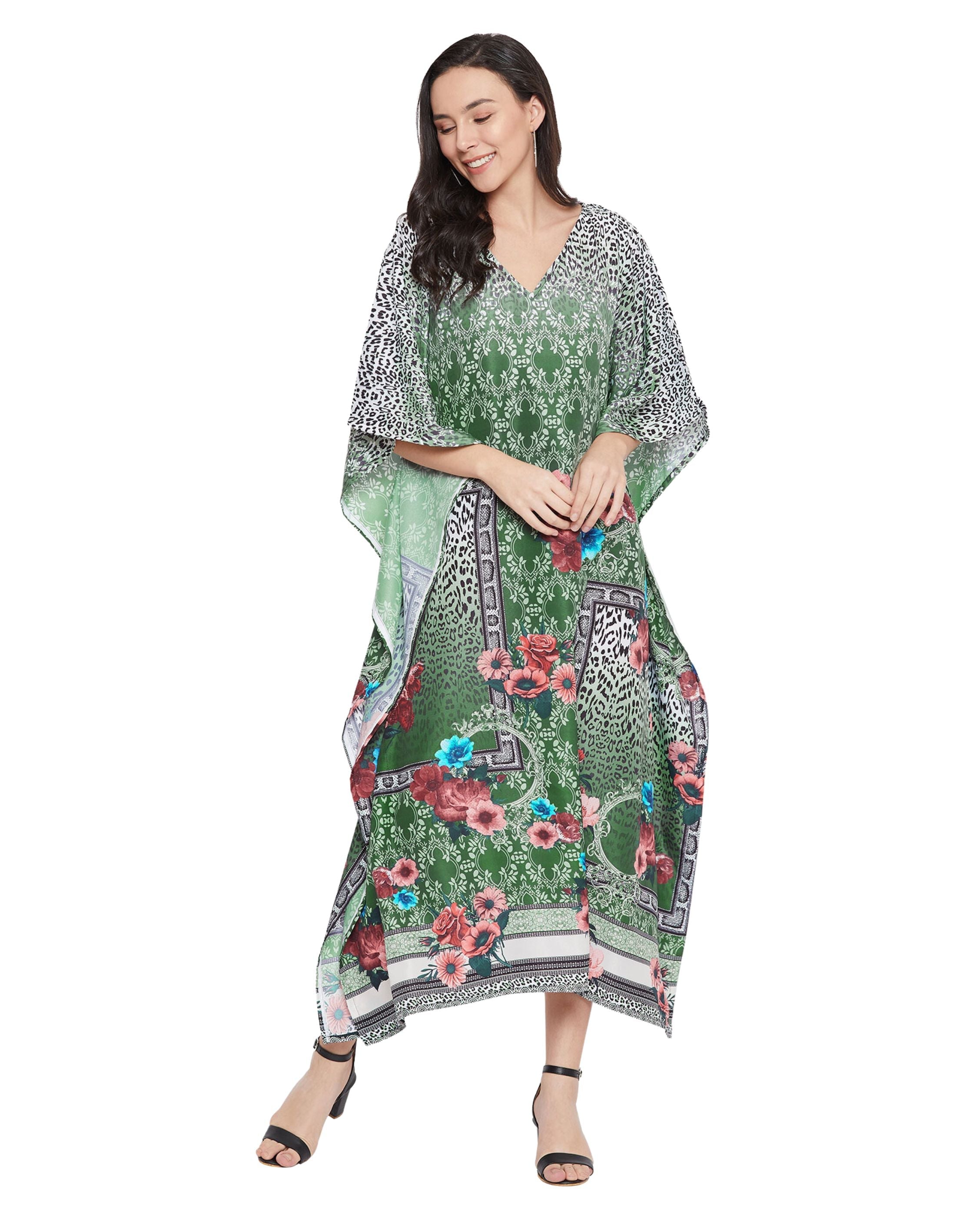 Tribal Printed Green Polyester Kaftan Dress for Women