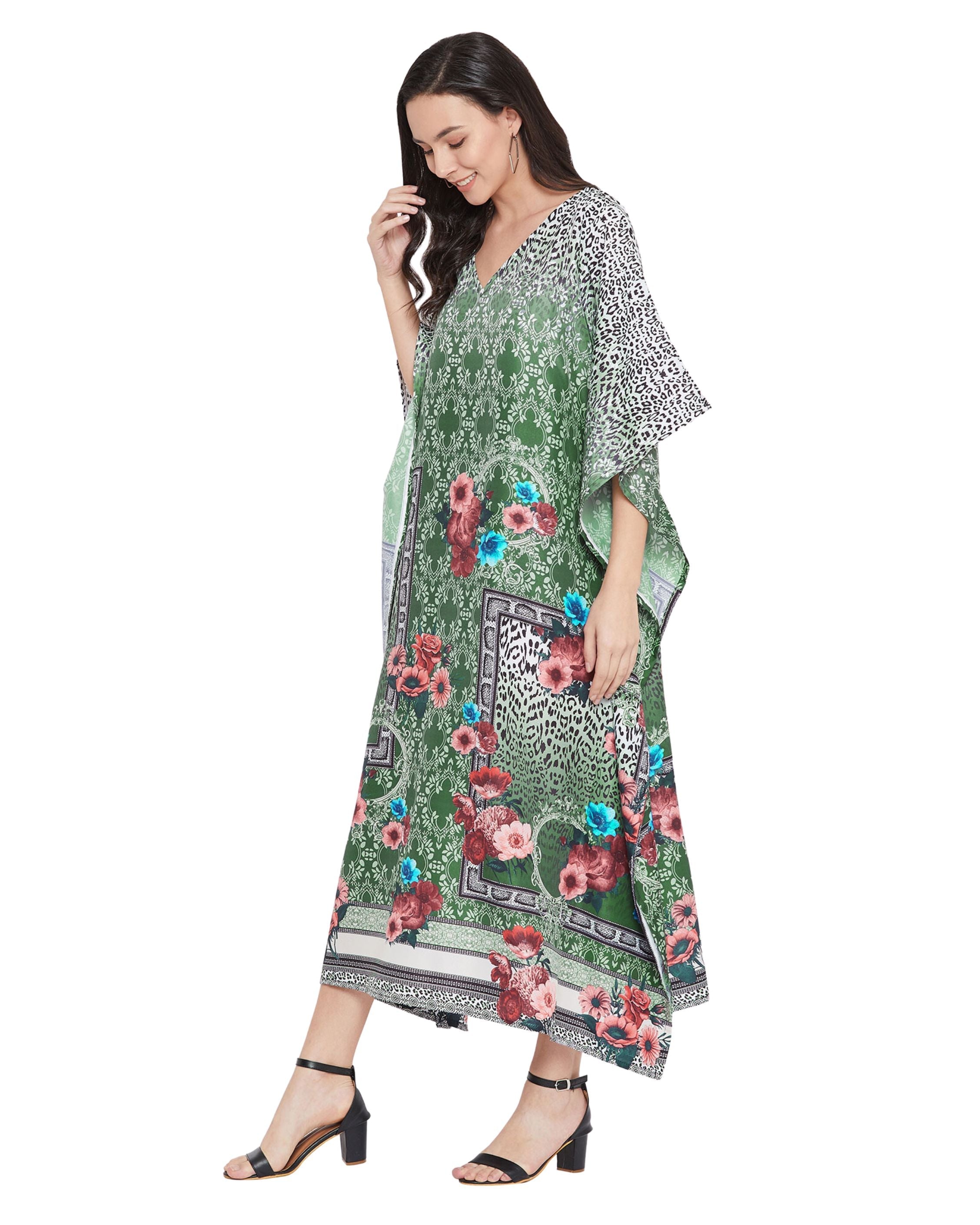 Polyester Kaftan Dress For Plus Size Women Tribal Printed Green