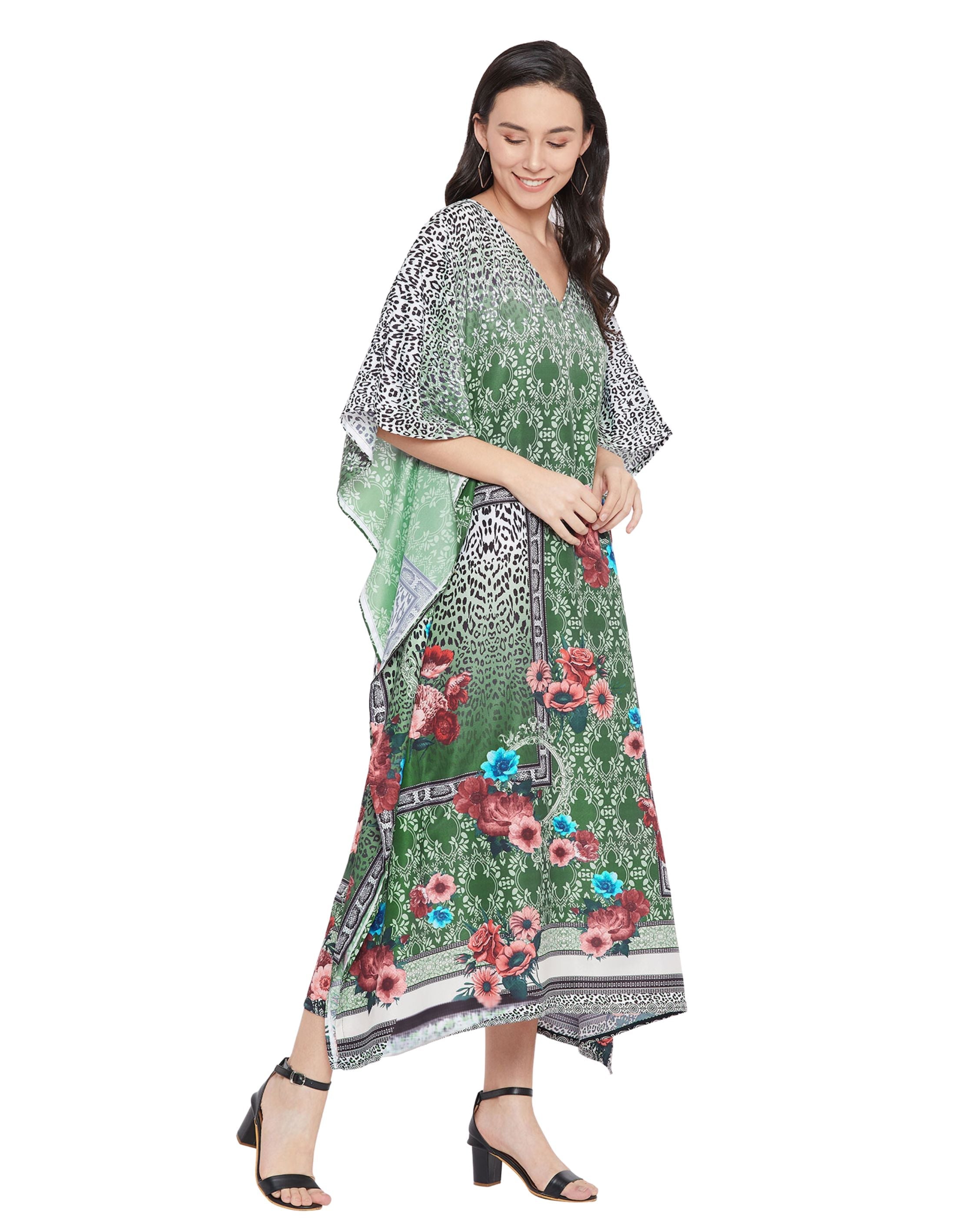 Polyester Kaftan Dress For Plus Size Women Tribal Printed Green