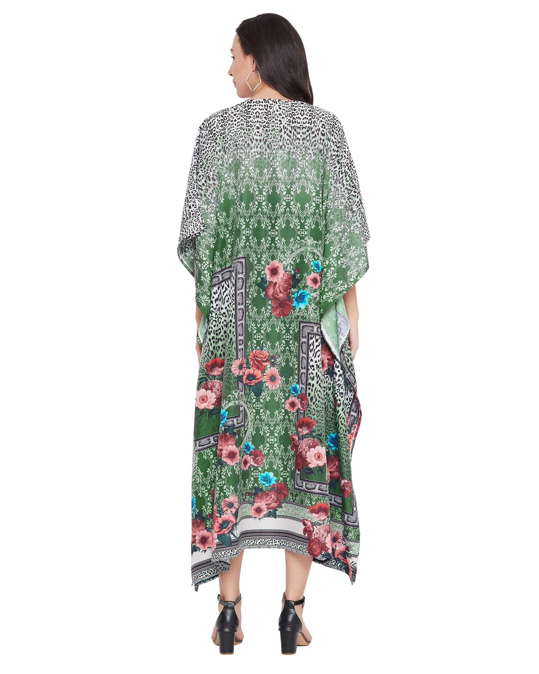 Tribal Printed Green Polyester Kaftan Dress for Women