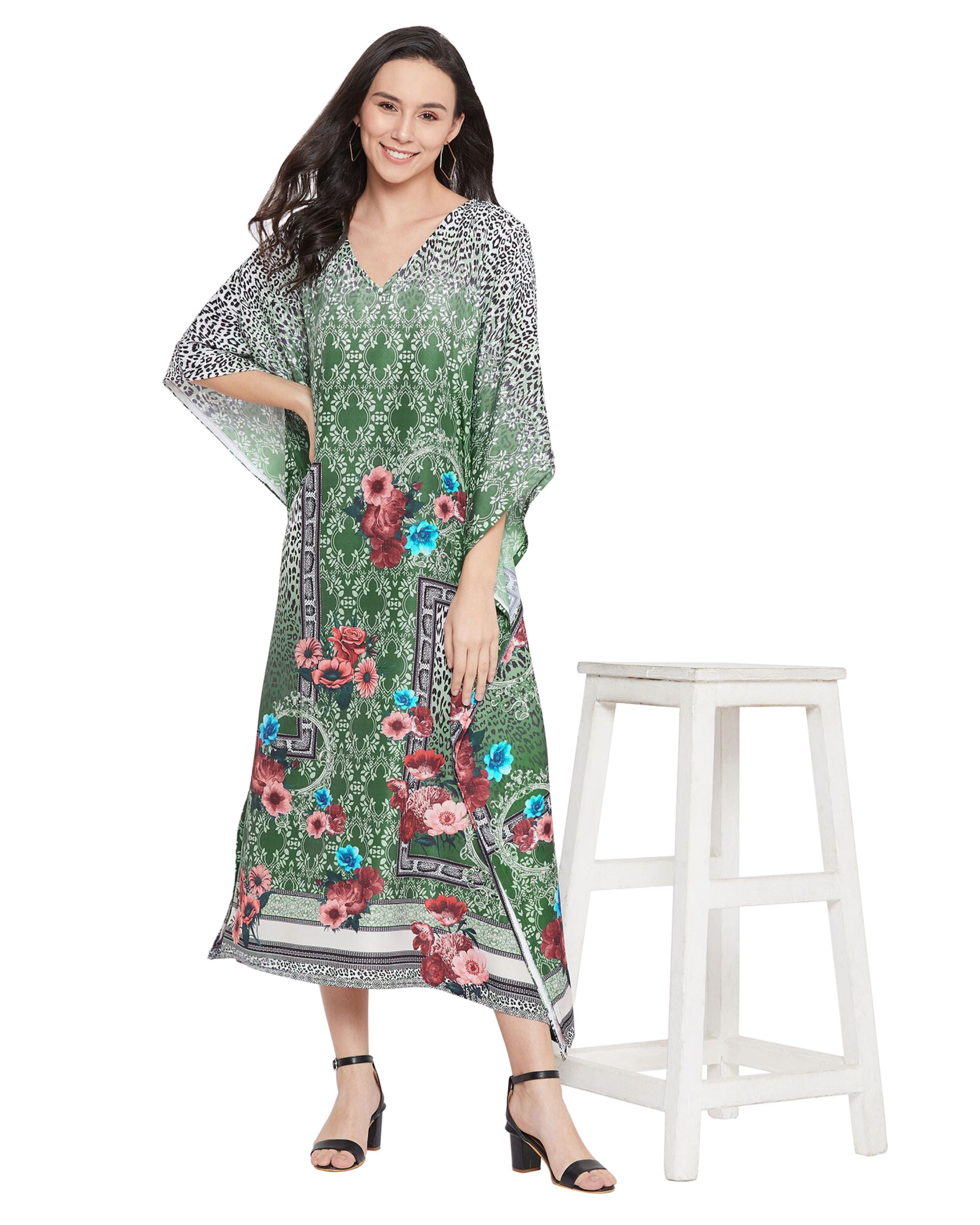 Polyester Kaftan Dress For Plus Size Women Tribal Printed Green