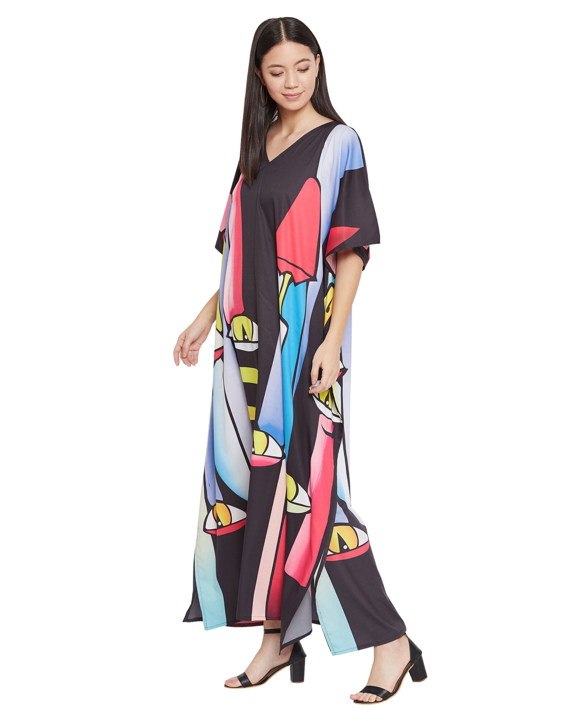 Tribal Printed Multicolor Polyester Kaftan Dress For Plus Size Women