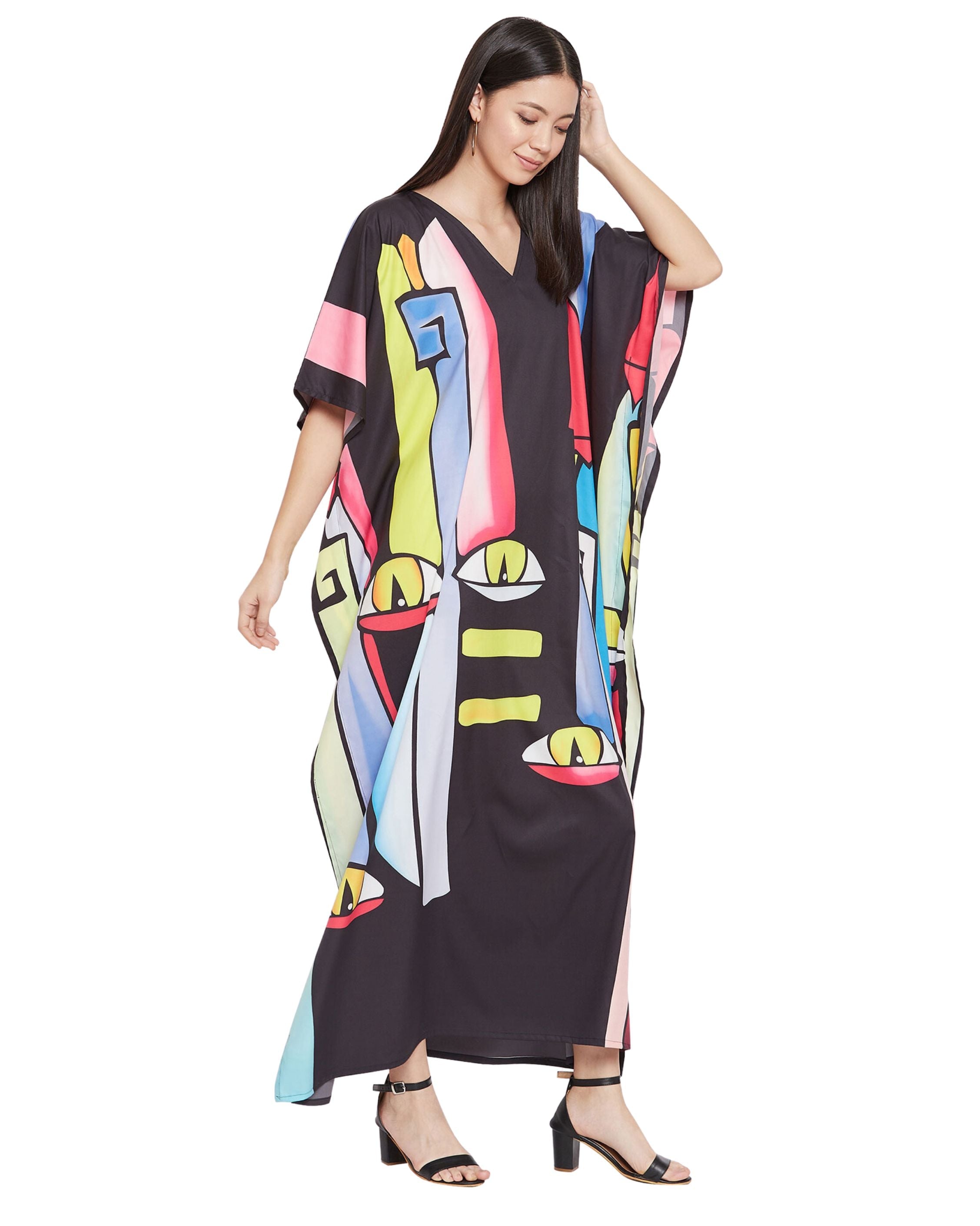 Tribal Printed Multicolor Polyester Kaftan Dress For Plus Size Women