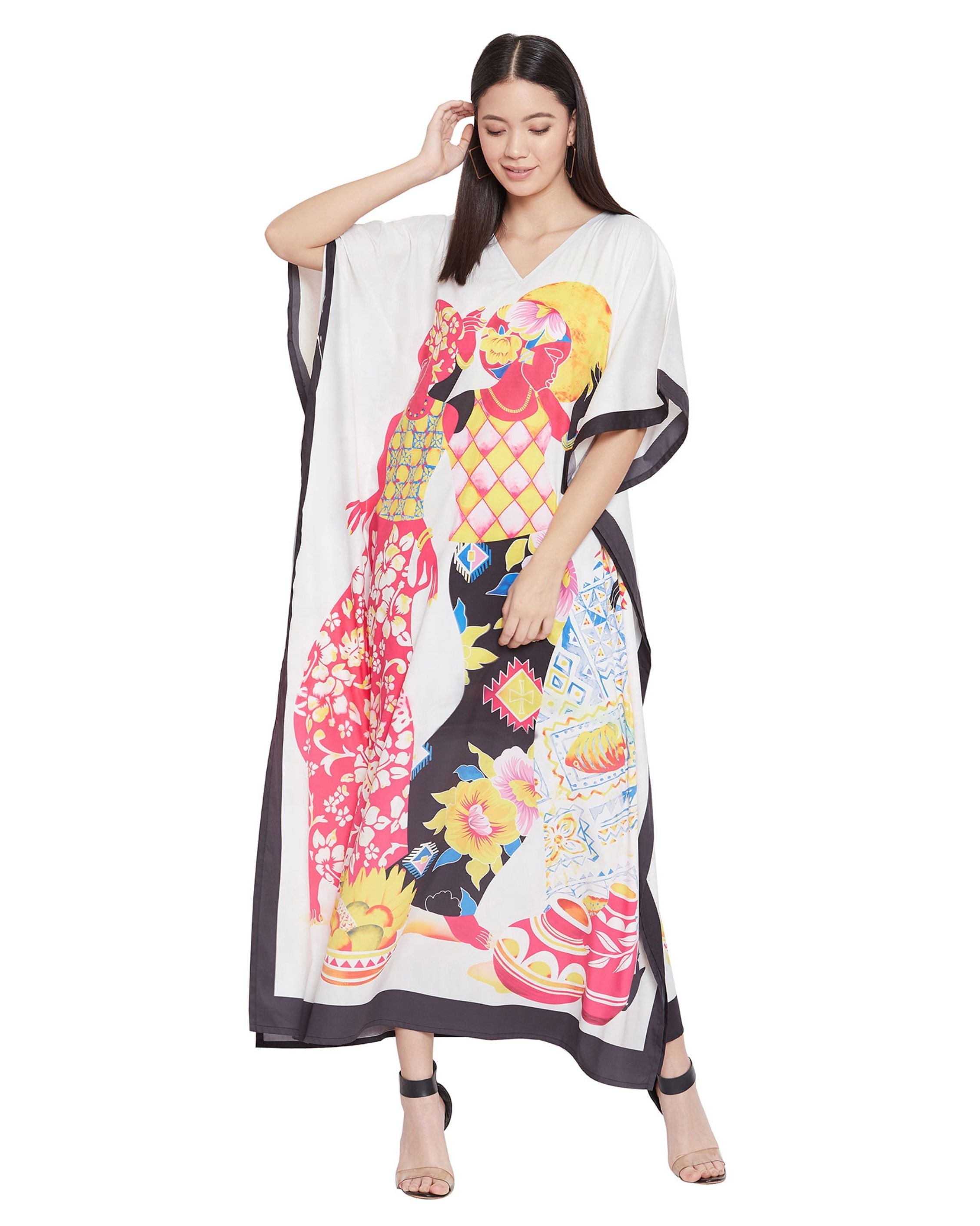 Dress For Plus Size Women Tribal Printed Multicolor Polyester Kaftan