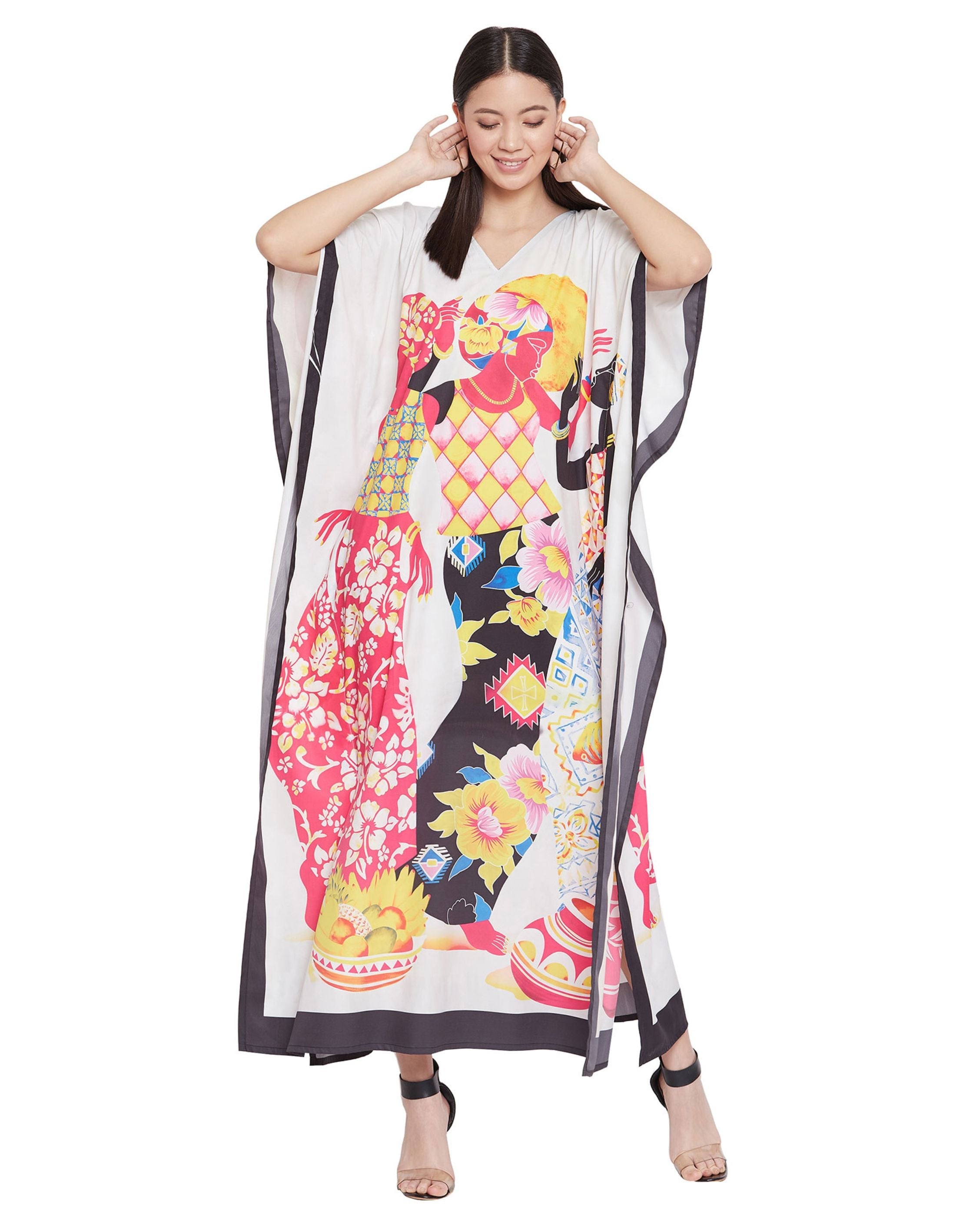 Dress For Plus Size Women Tribal Printed Multicolor Polyester Kaftan