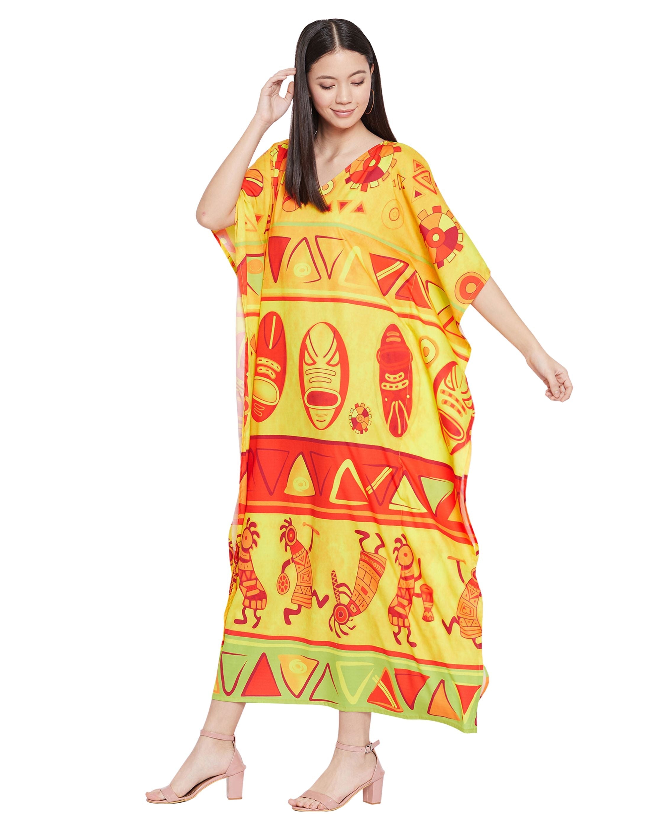 Polyester Kaftan For Plus Size Women Tribal Printed Yellow