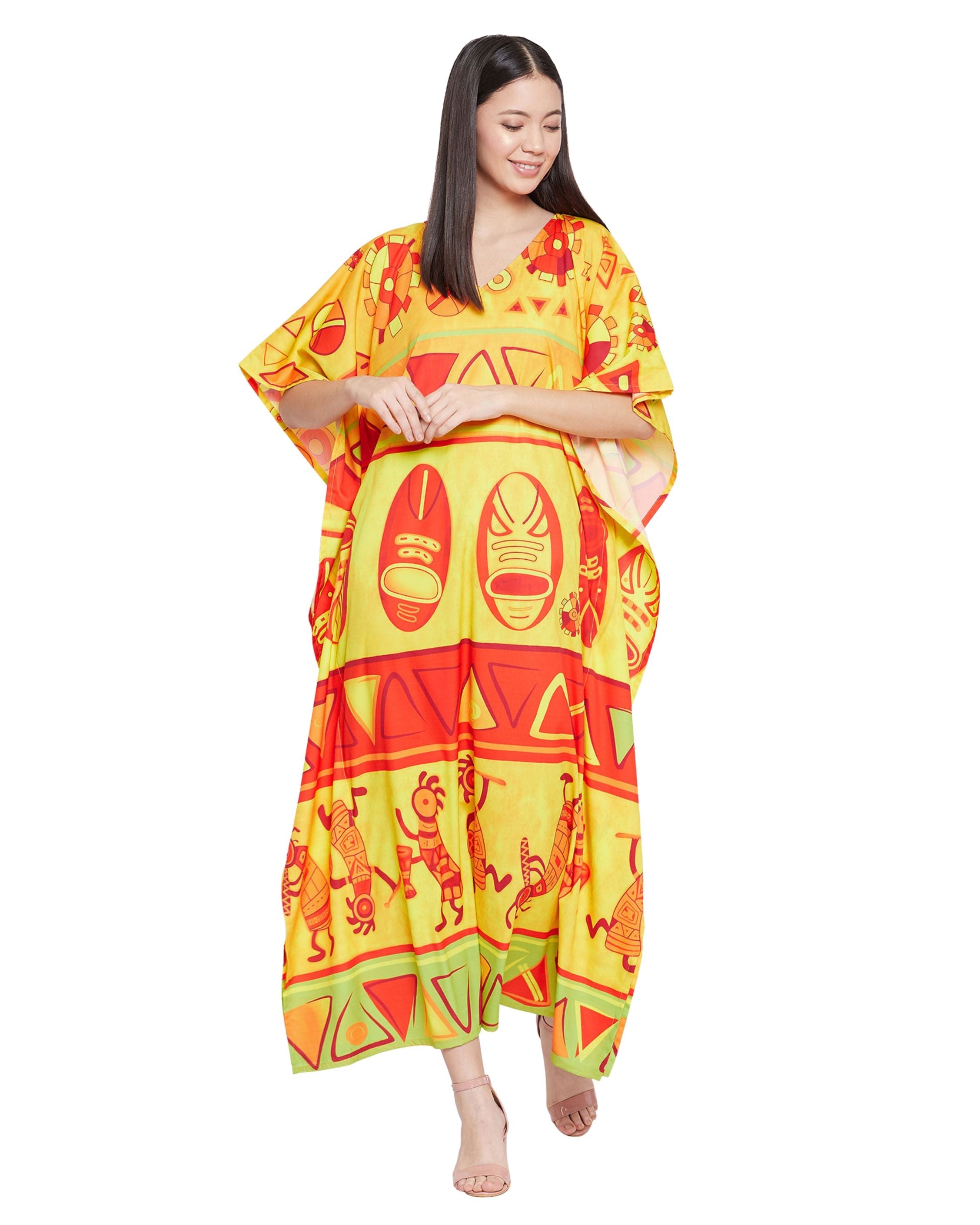 Polyester Kaftan For Plus Size Women Tribal Printed Yellow