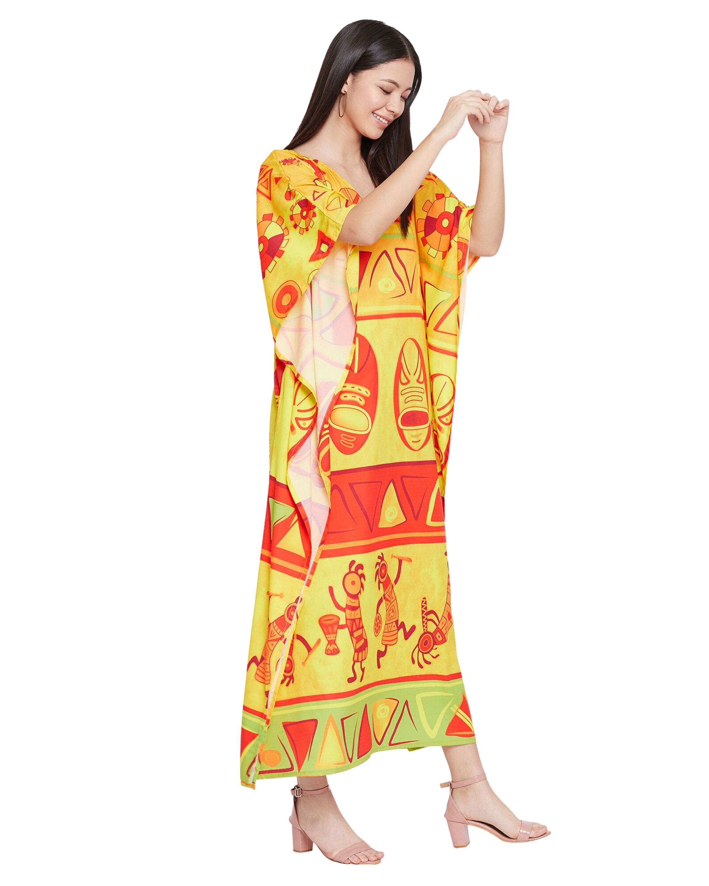 Tribal Printed Yellow Polyester Kaftan Dress for Women