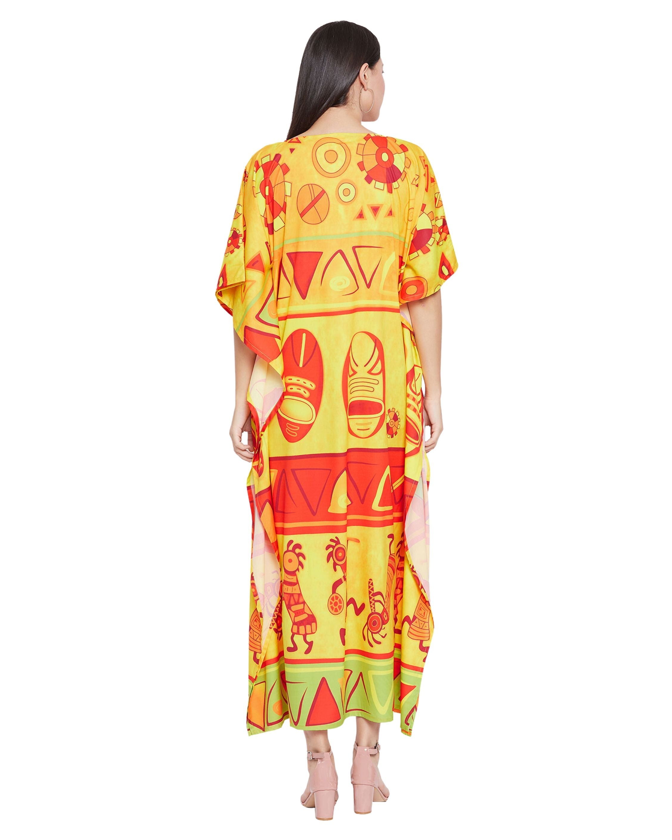 Polyester Kaftan For Plus Size Women Tribal Printed Yellow