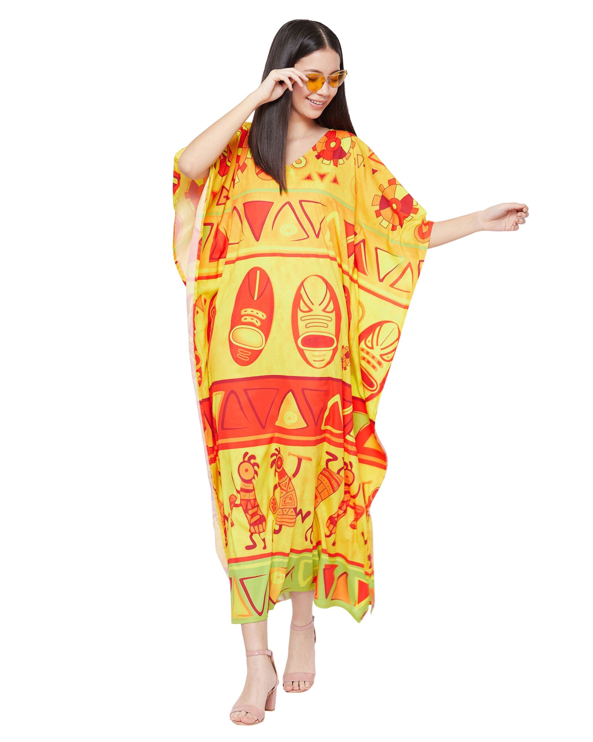 Tribal Printed Yellow Polyester Kaftan Dress for Women