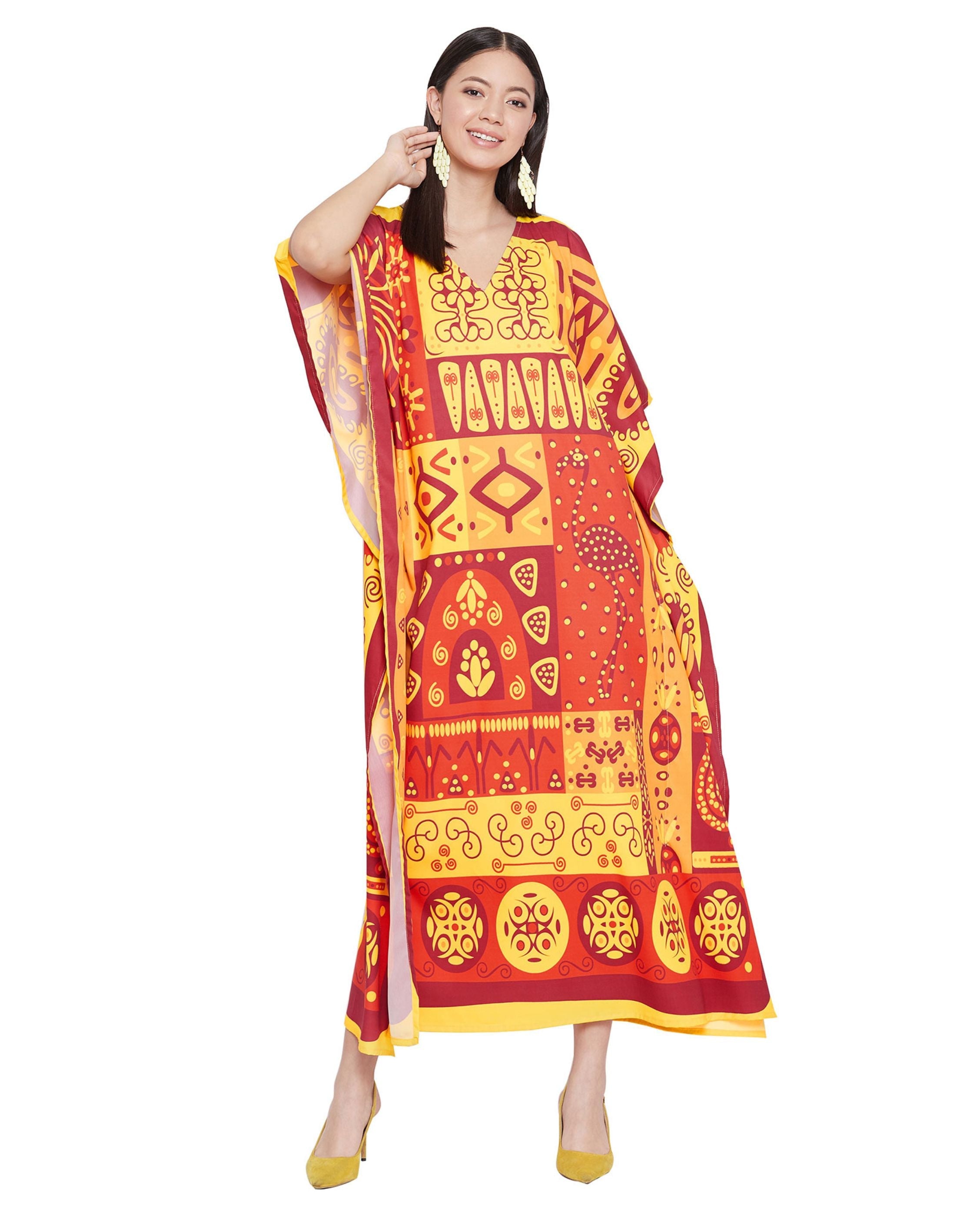 Tribal Printed Yellow Polyester Kaftan Dress for Women