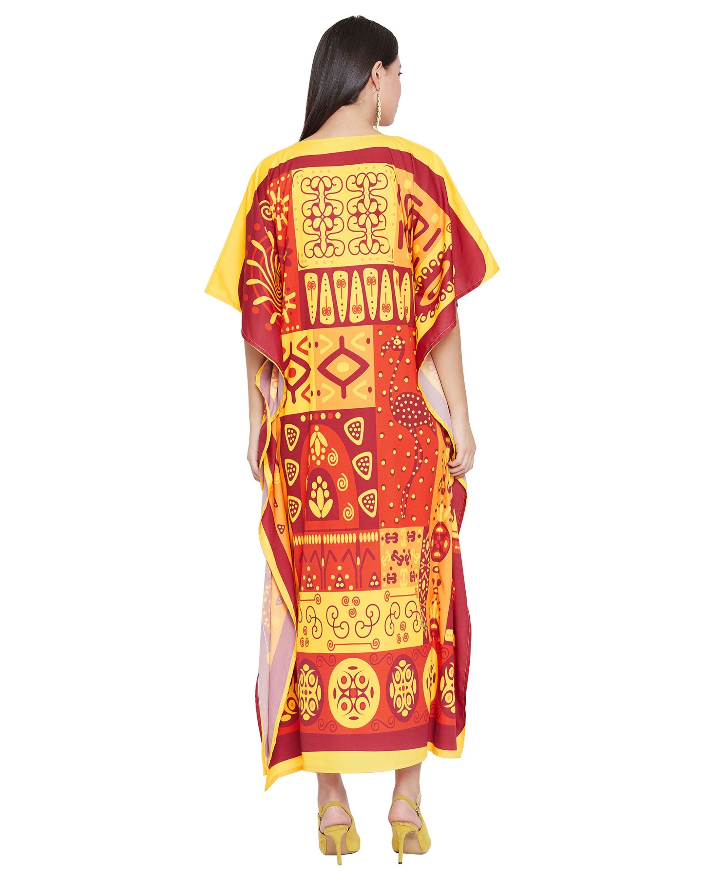 Kaftan For Plus Size Women Tribal Printed Yellow Polyester