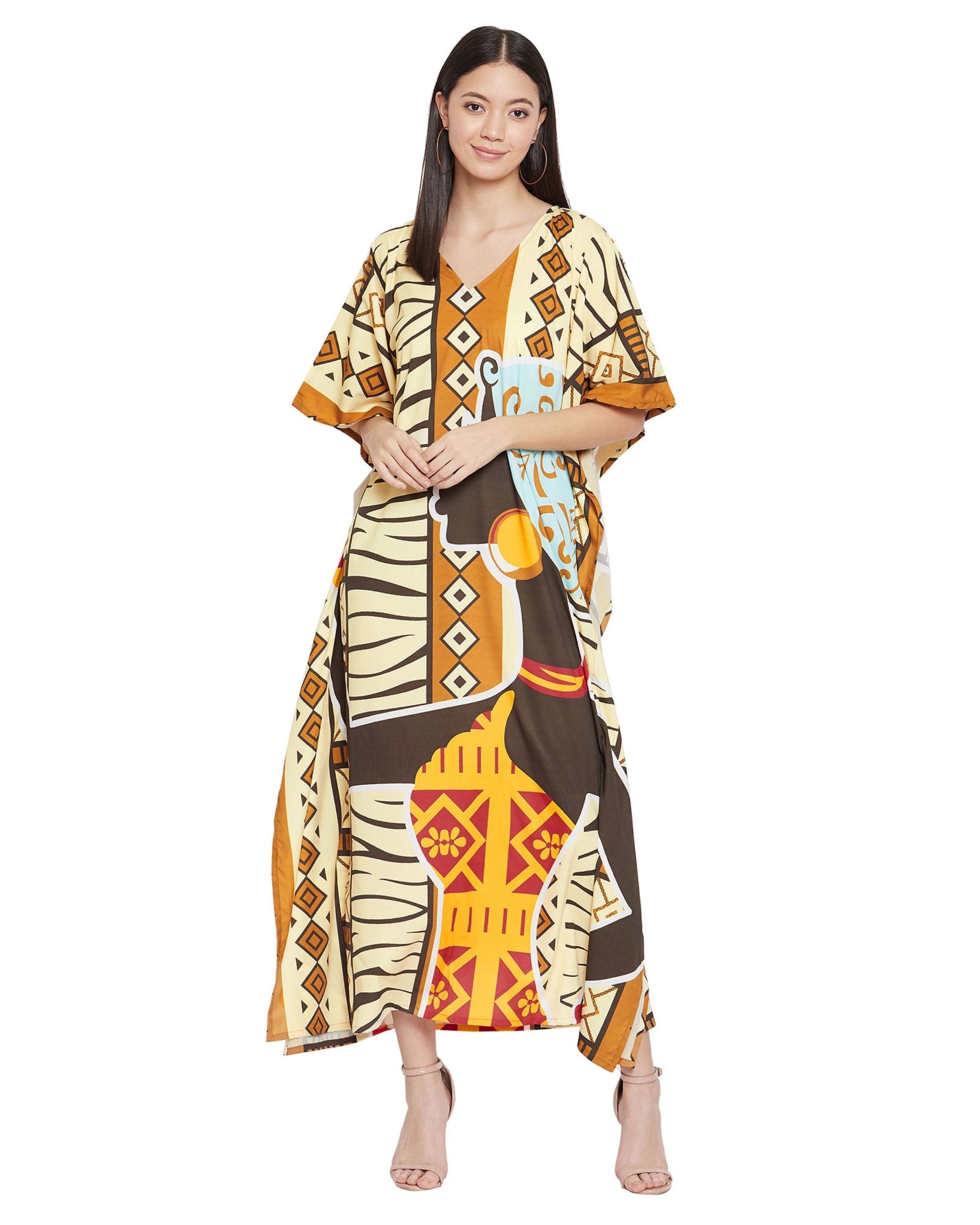 Cream Polyester Tribal Printed Kaftan Dress For Plus Size Women