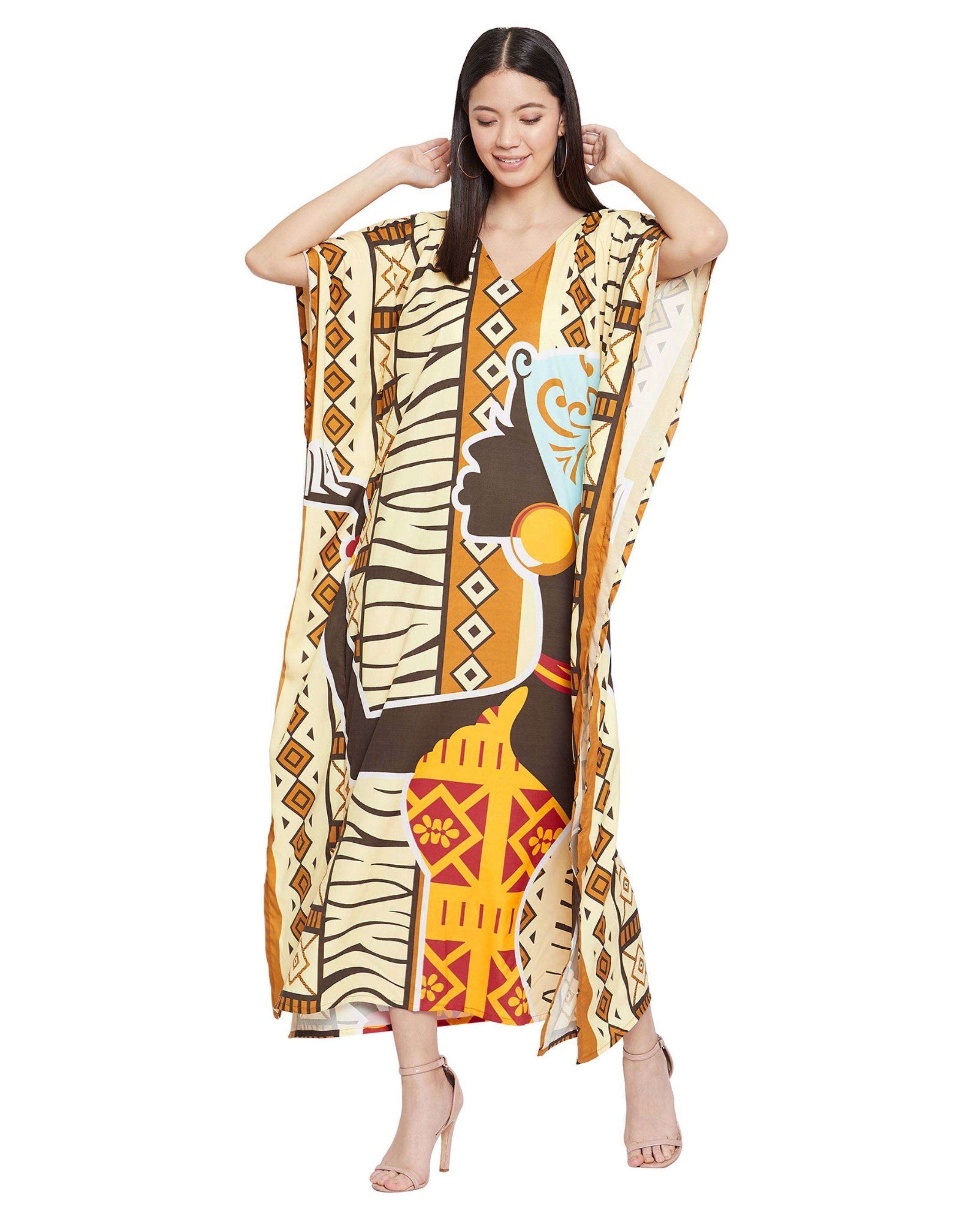 Cream Polyester Tribal Printed Kaftan Dress For Plus Size Women