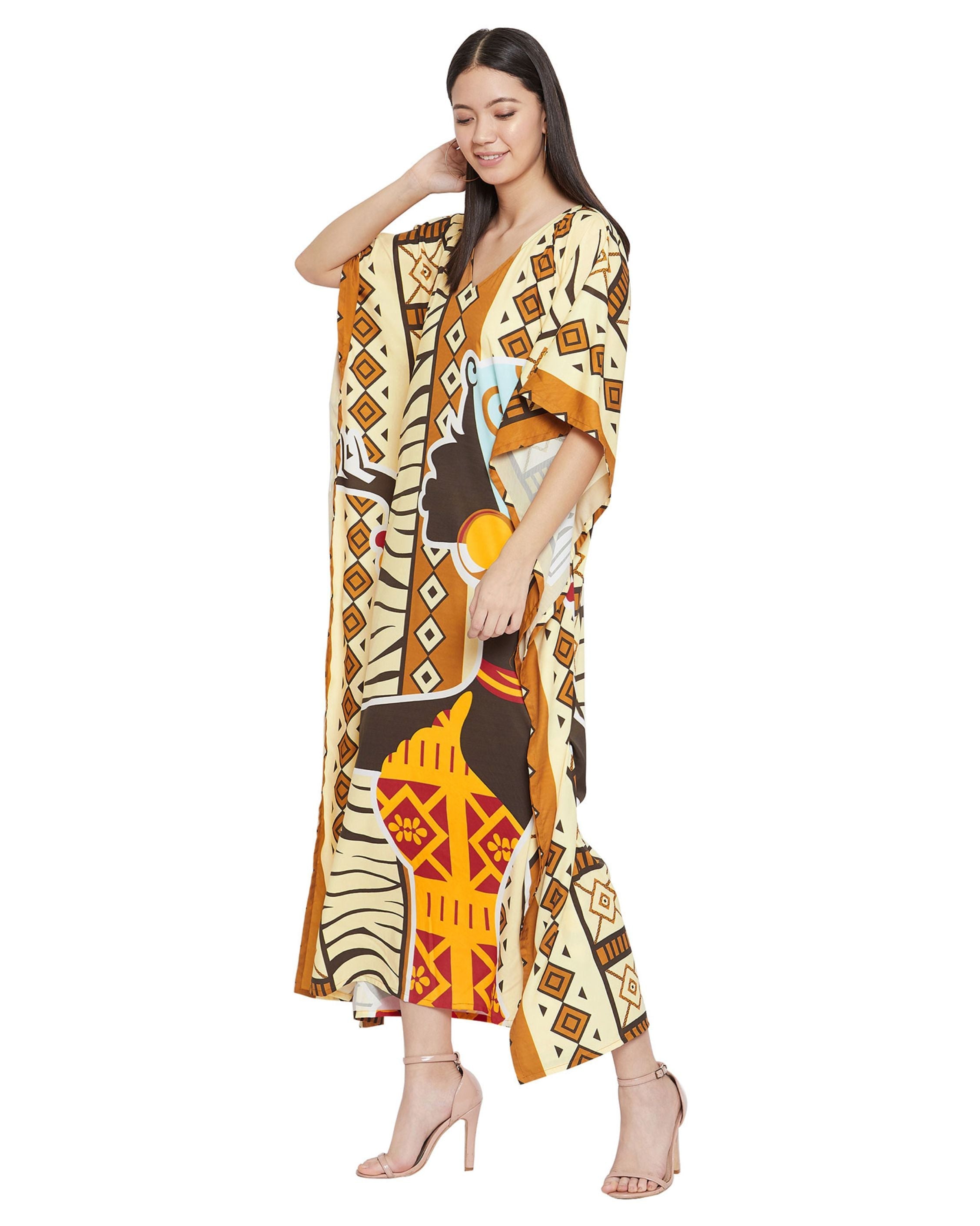 Cream Polyester Tribal Printed Kaftan Dress For Plus Size Women