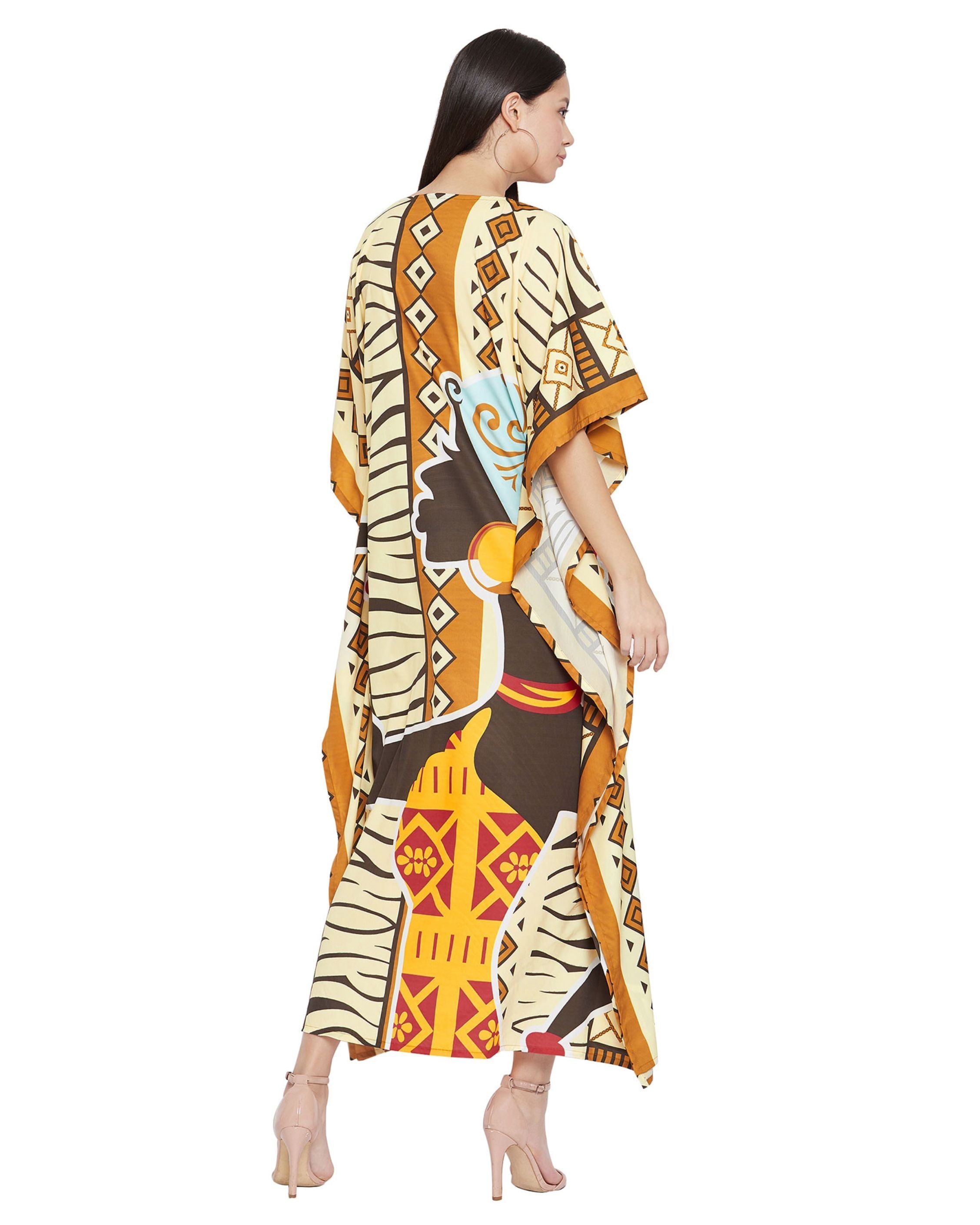 Cream Polyester Tribal Printed Kaftan Dress For Plus Size Women