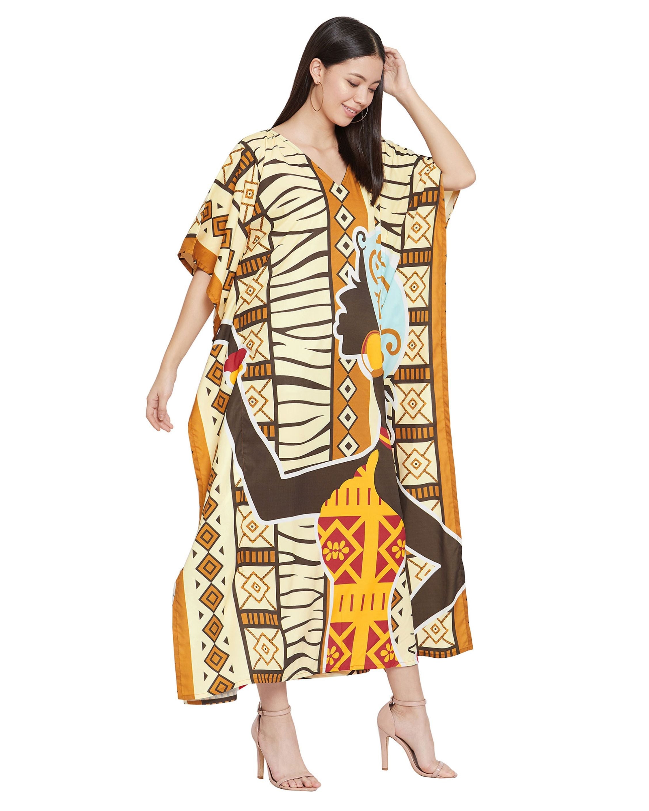 Cream Polyester Tribal Printed Kaftan Dress For Plus Size Women