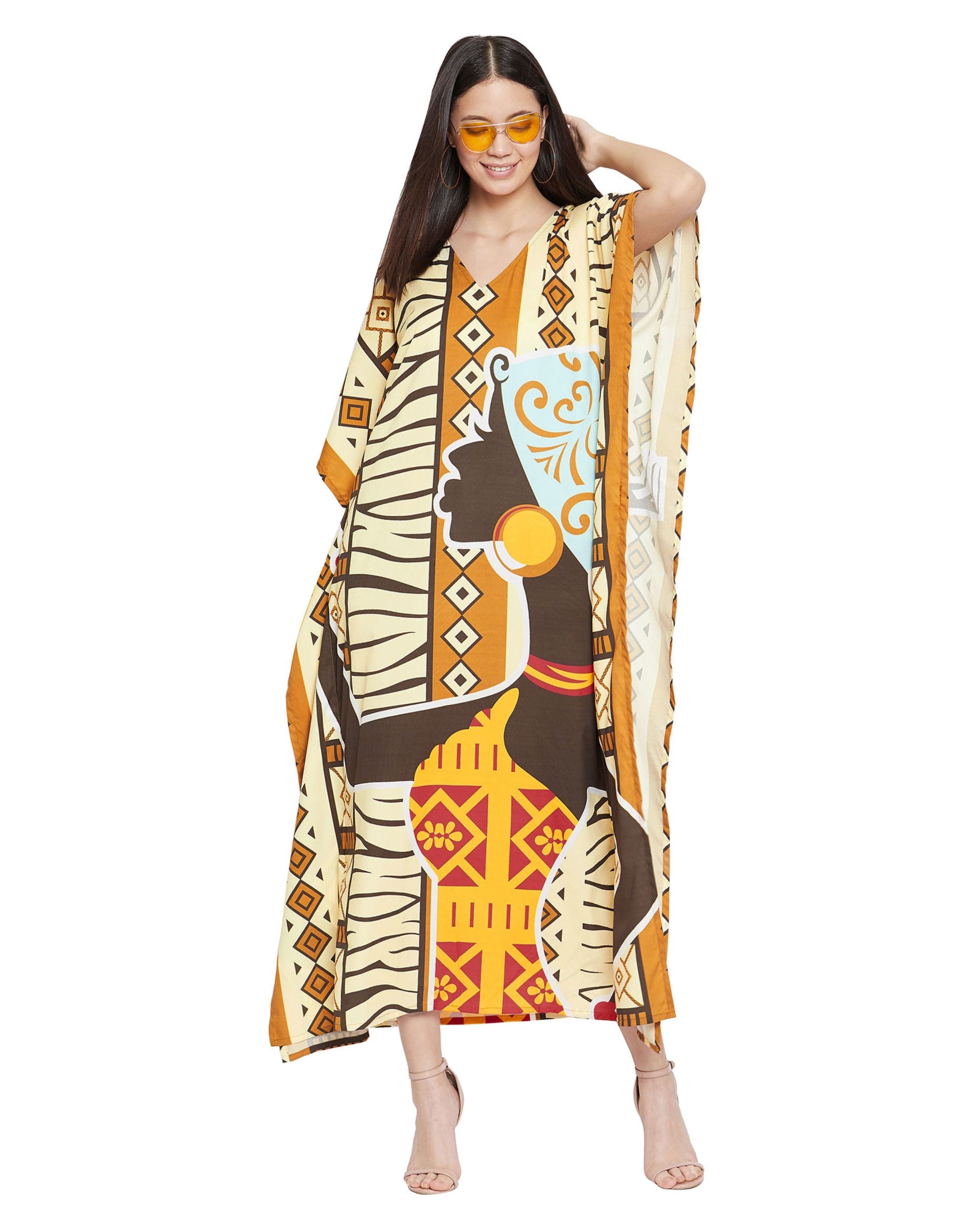 Cream Polyester Tribal Printed Kaftan Dress For Plus Size Women