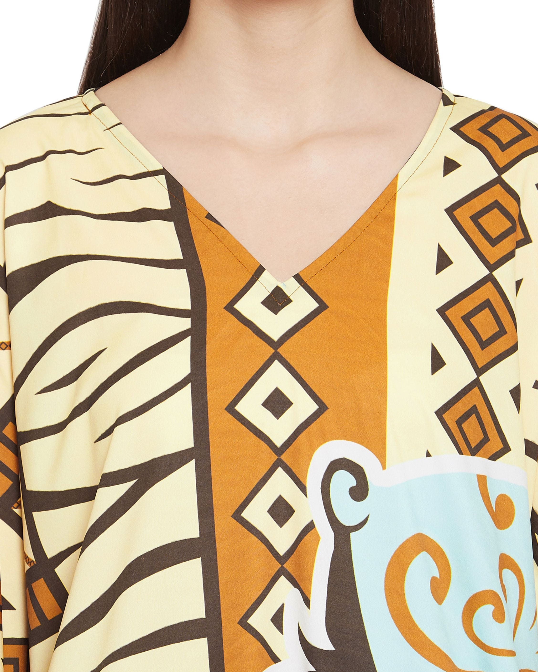 Cream Polyester Tribal Printed Kaftan Dress For Plus Size Women