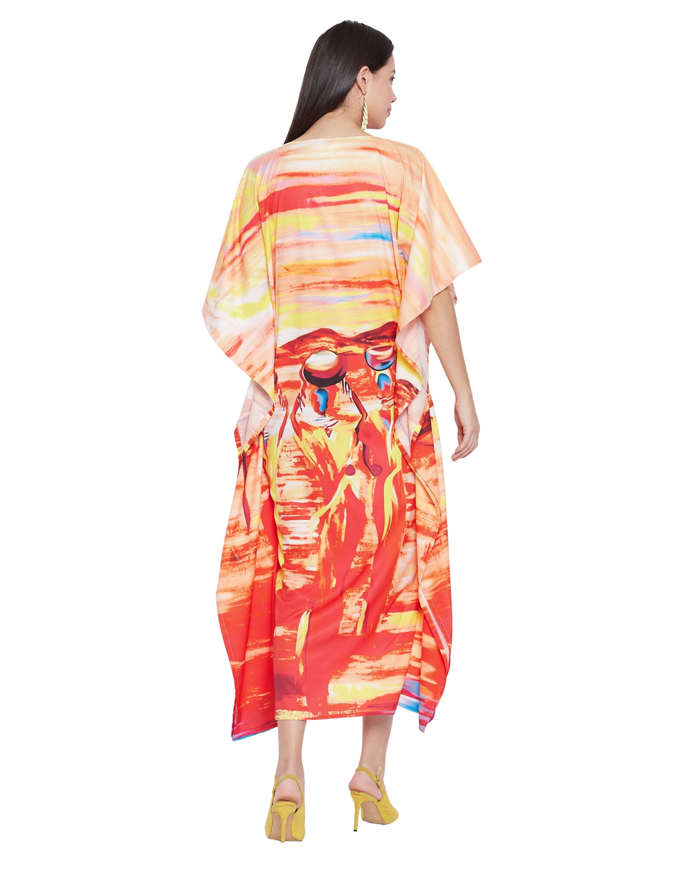 Kaftan Dress For Plus Size Women Tribal Printed Multicolor Polyester