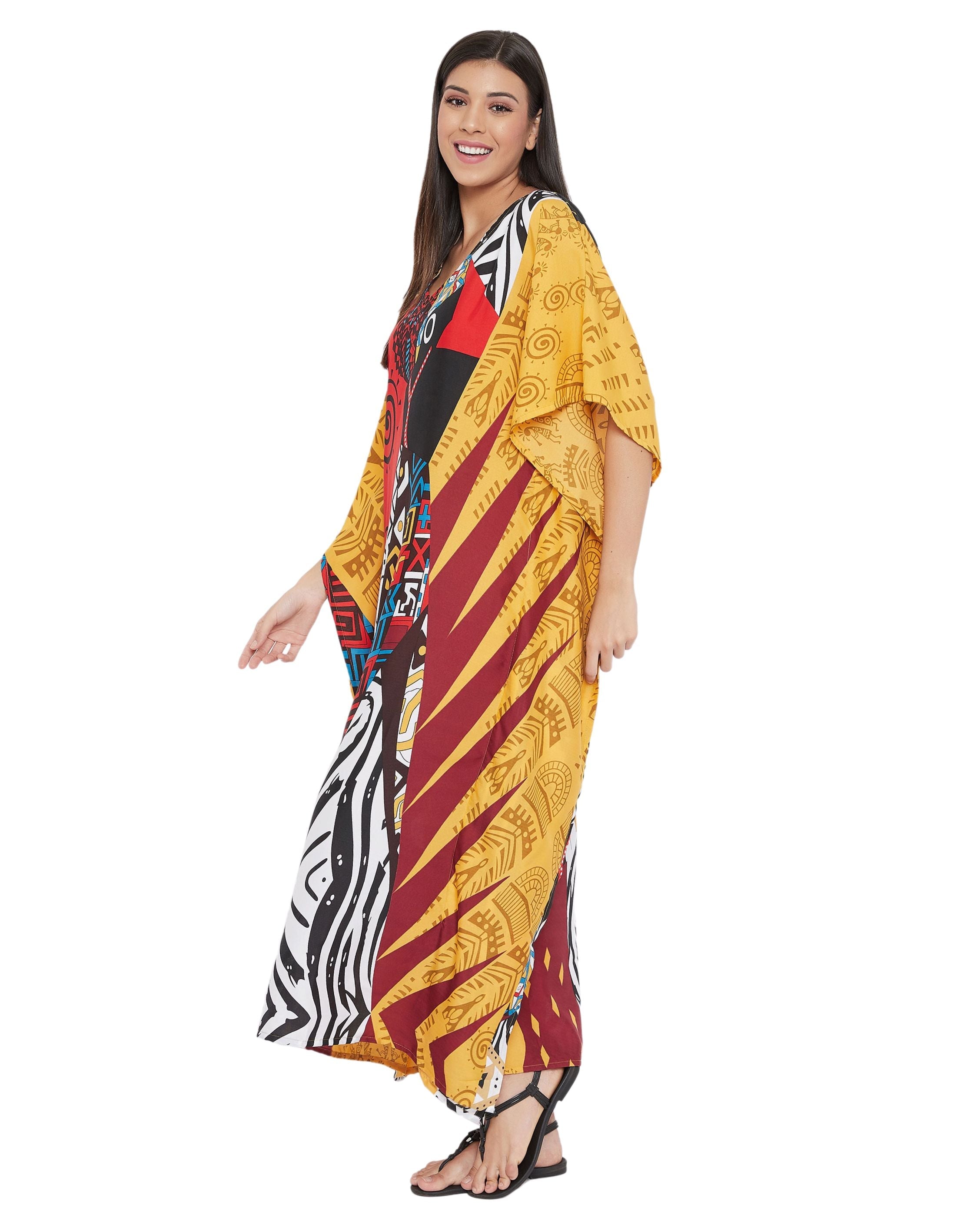 Tribal Printed Multicolor Polyester Kaftan For Plus Size Women