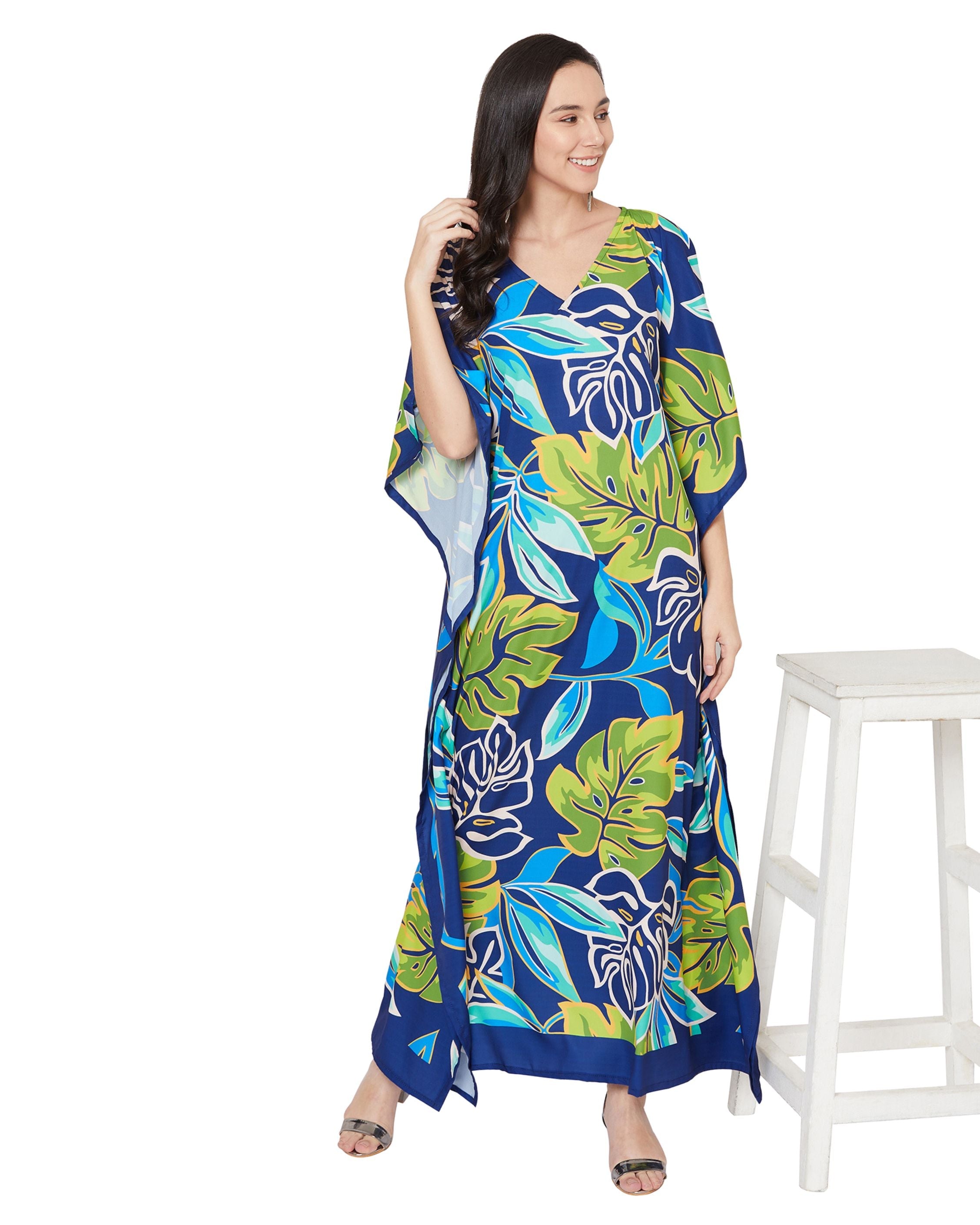 Floral Printed Blue Polyester Kaftan Dress For Plus Size Women