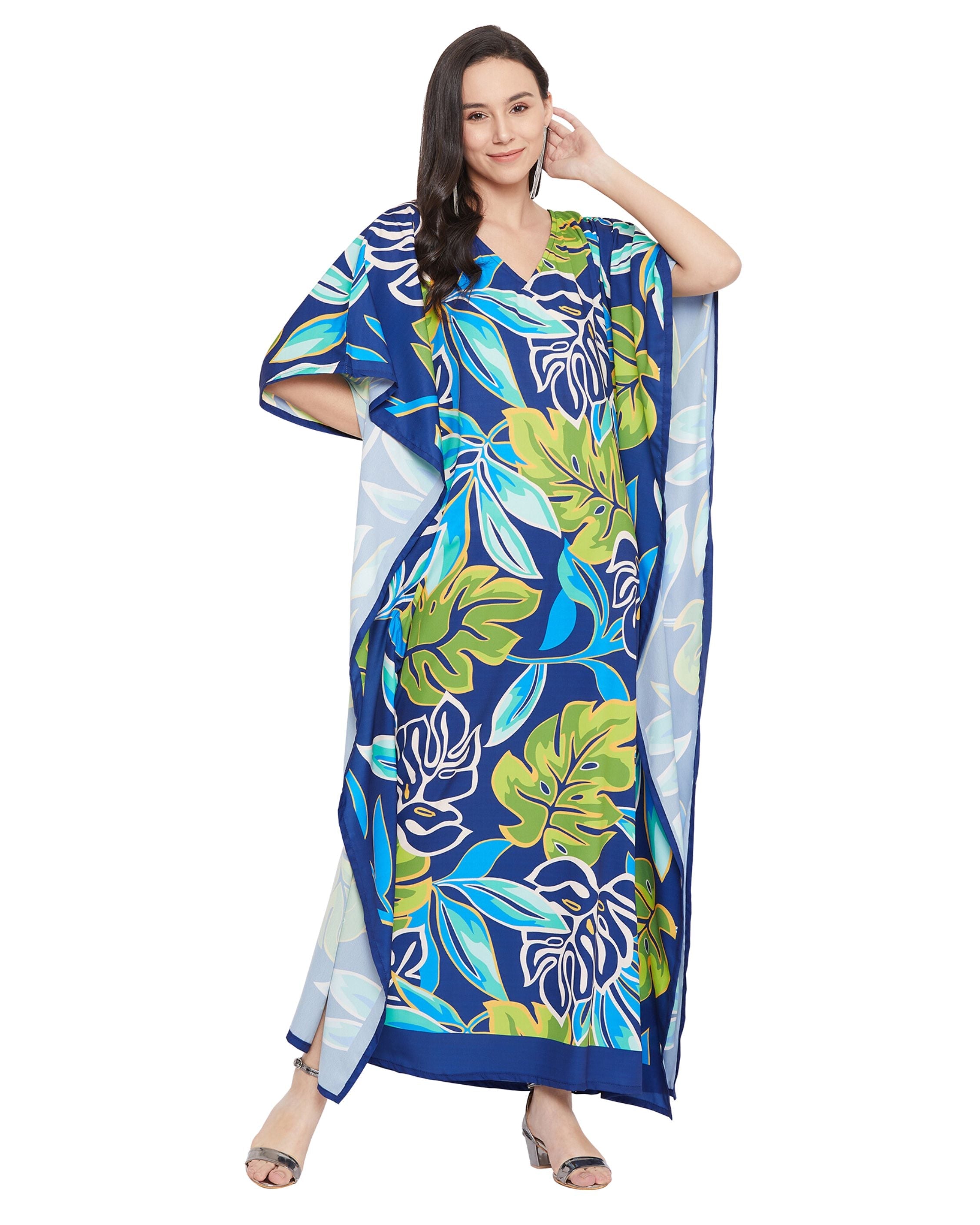 Floral Printed Blue Polyester Kaftan Dress for Women