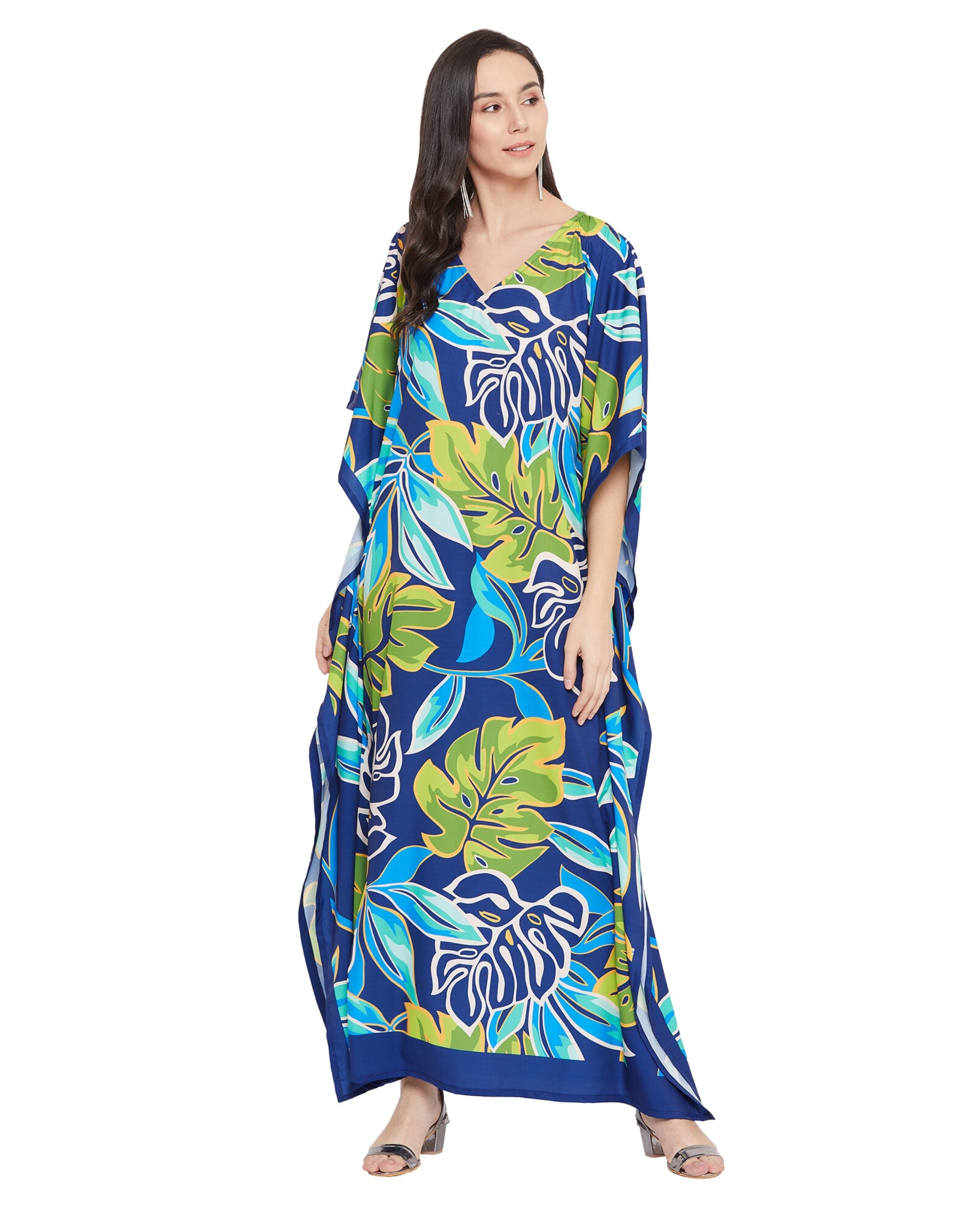 Floral Printed Blue Polyester Kaftan Dress For Plus Size Women