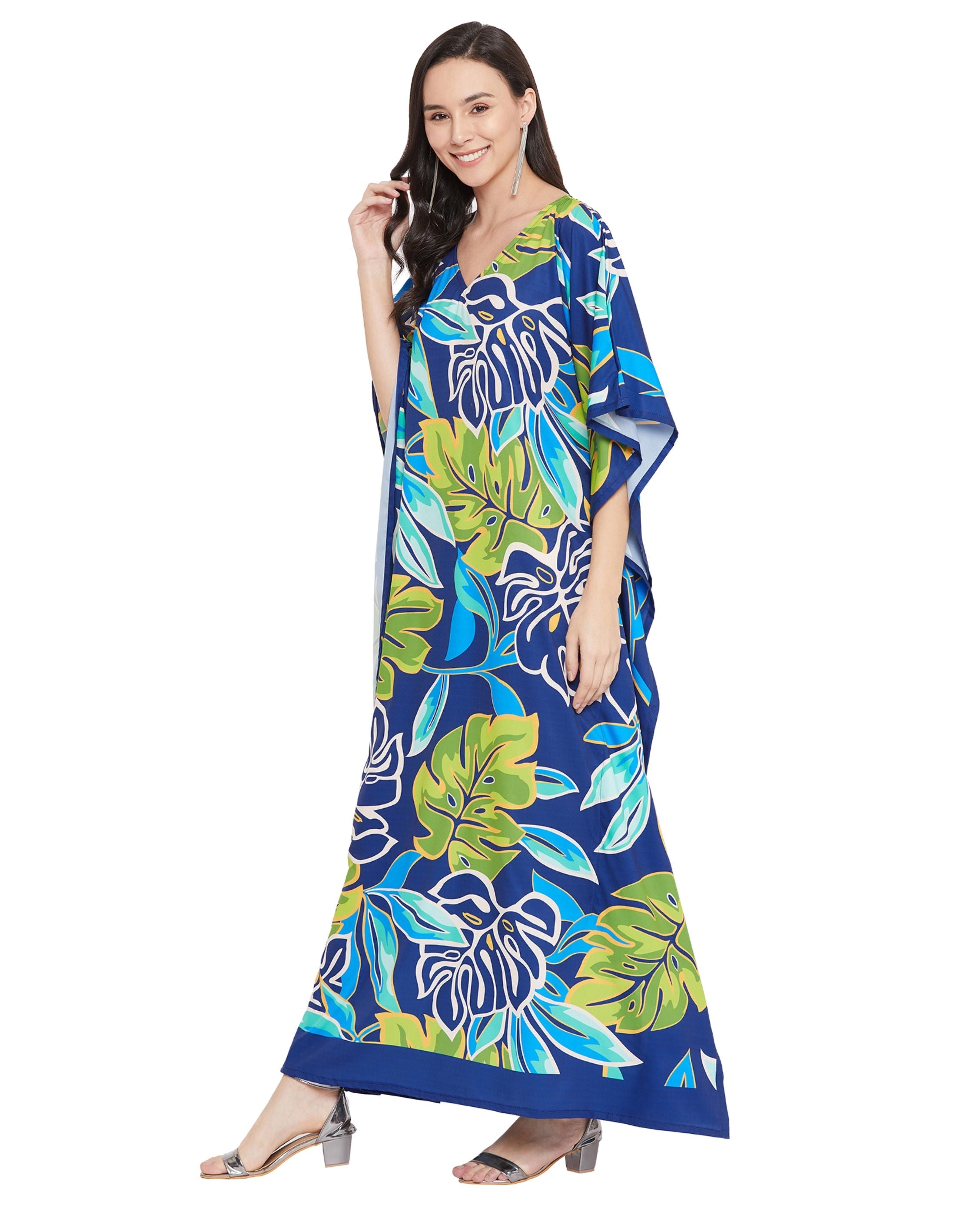 Floral Printed Blue Polyester Kaftan Dress For Plus Size Women