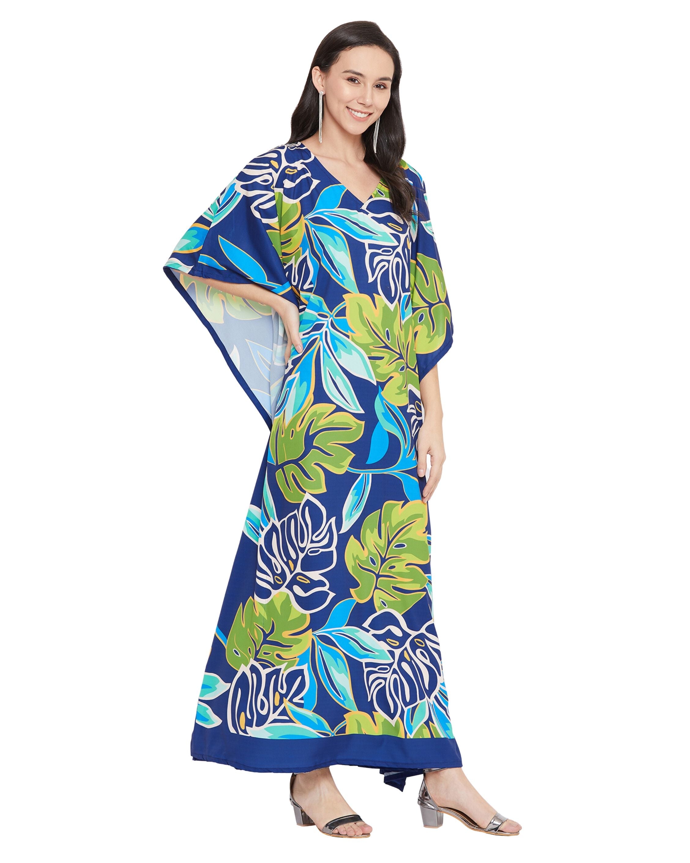 Floral Printed Blue Polyester Kaftan Dress For Plus Size Women