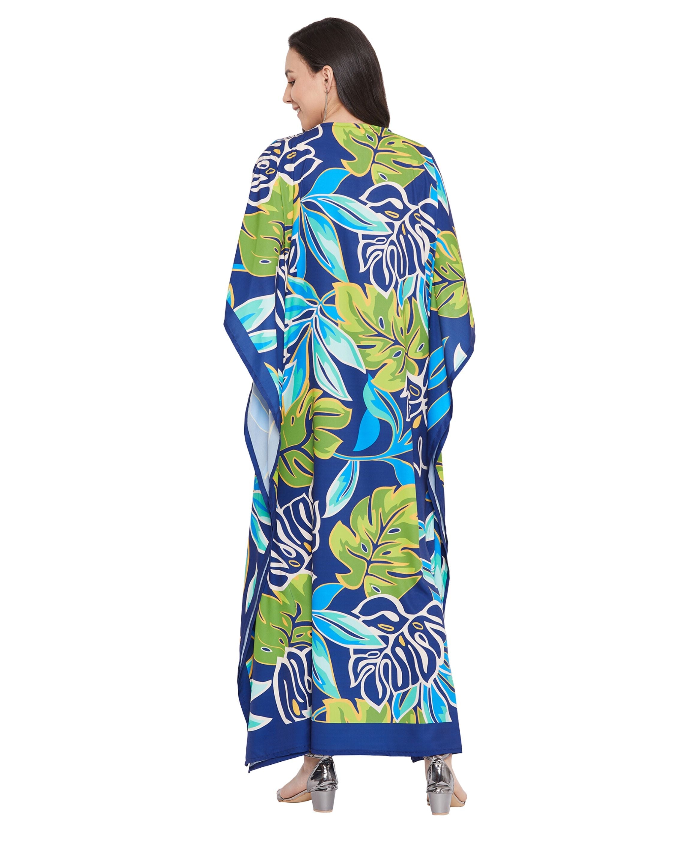 Floral Printed Blue Polyester Kaftan Dress For Plus Size Women